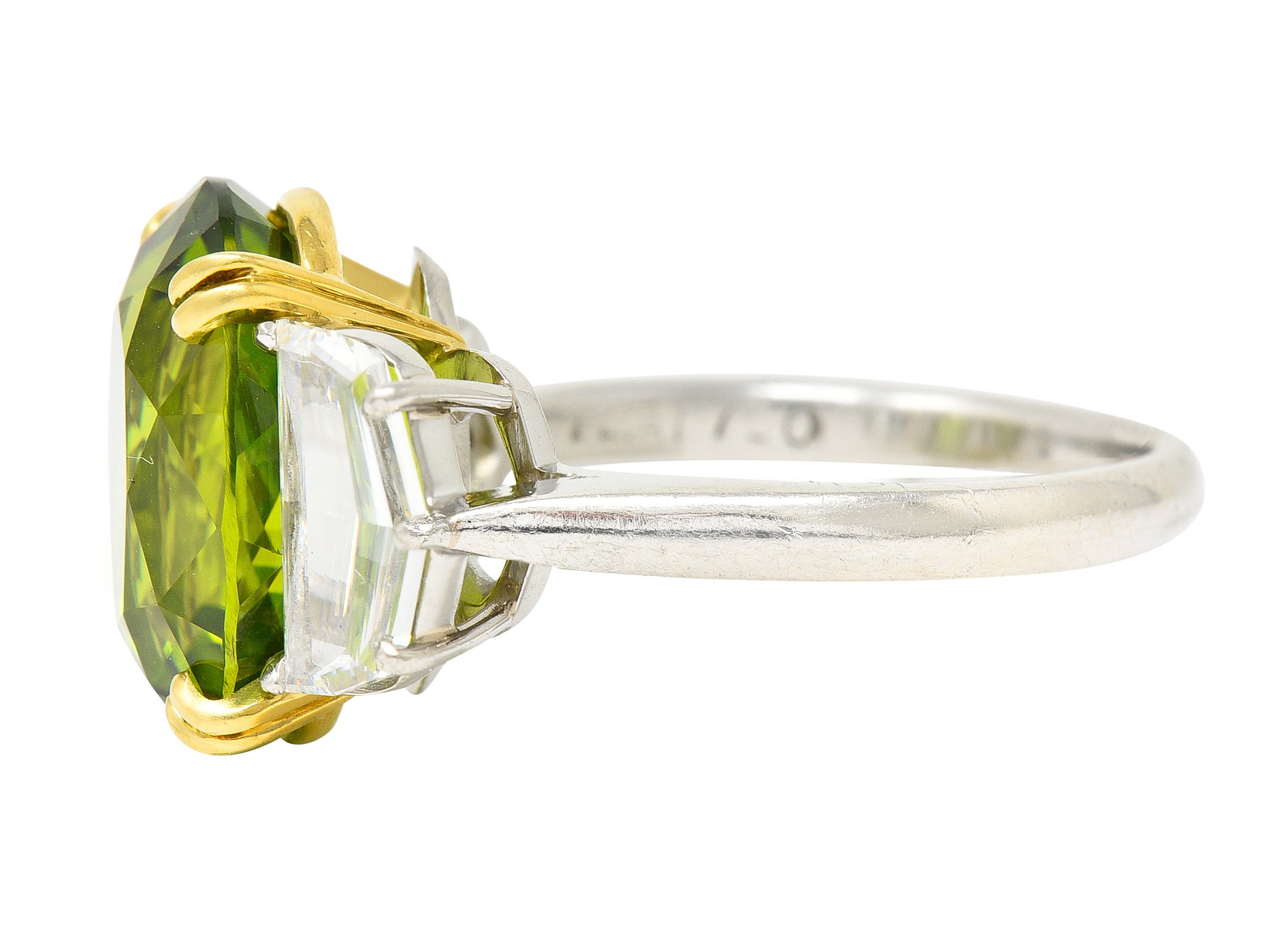 Contemporary 10.51 CTW Oval Cut Peridot Half Moon Step-Cut Diamond Platinum 18 Karat Yellow Gold Three Stone Ring Wilson's Estate Jewelry