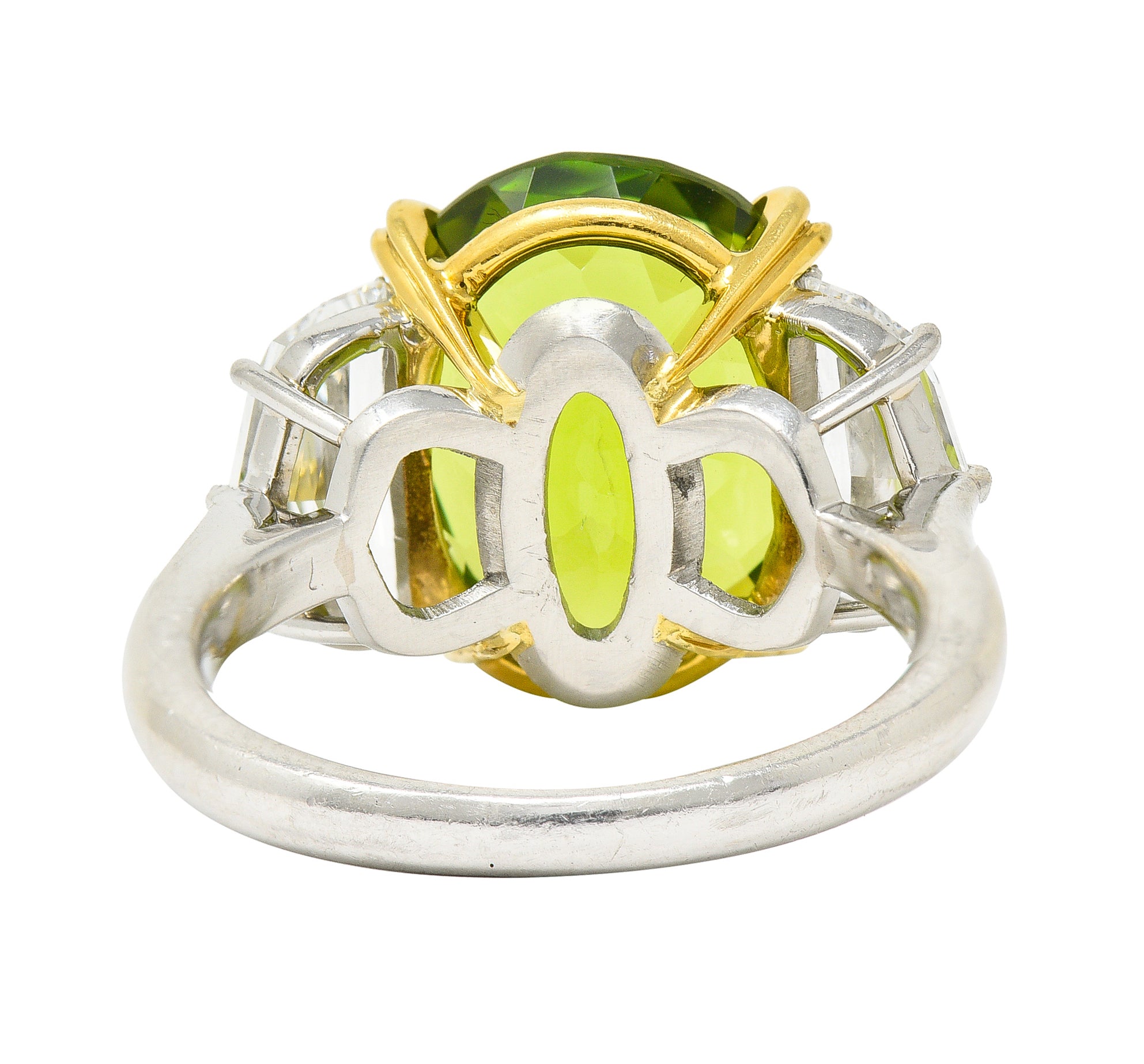 Contemporary 10.51 CTW Oval Cut Peridot Half Moon Step-Cut Diamond Platinum 18 Karat Yellow Gold Three Stone Ring Wilson's Estate Jewelry