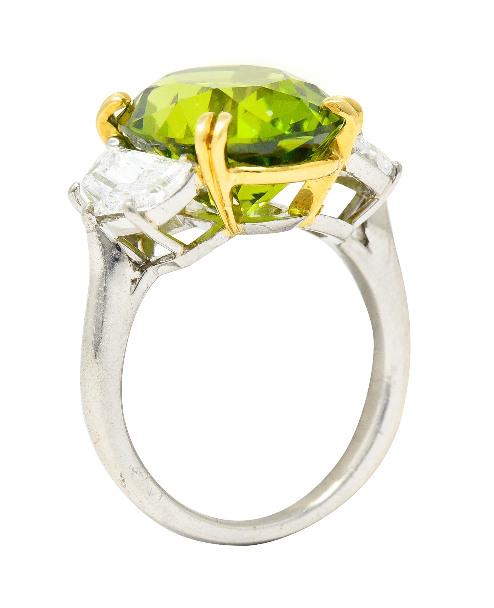 Contemporary 10.51 CTW Oval Cut Peridot Half Moon Step-Cut Diamond Platinum 18 Karat Yellow Gold Three Stone Ring Wilson's Estate Jewelry