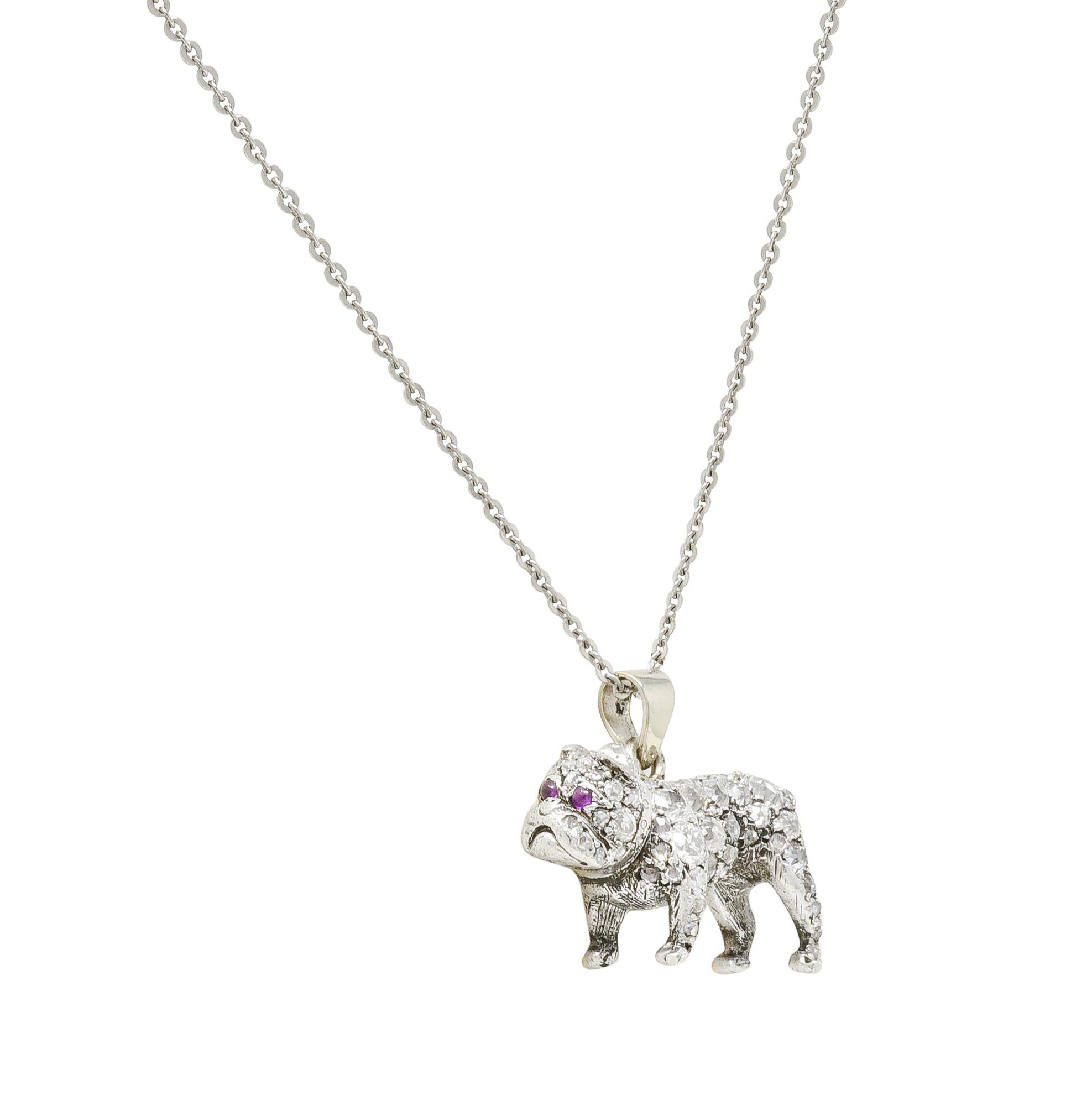 Victorian 2.10 CTW Pave Diamond Silver-Topped Gold Bulldog Pendant Necklace - Wilson's Estate Jewelry