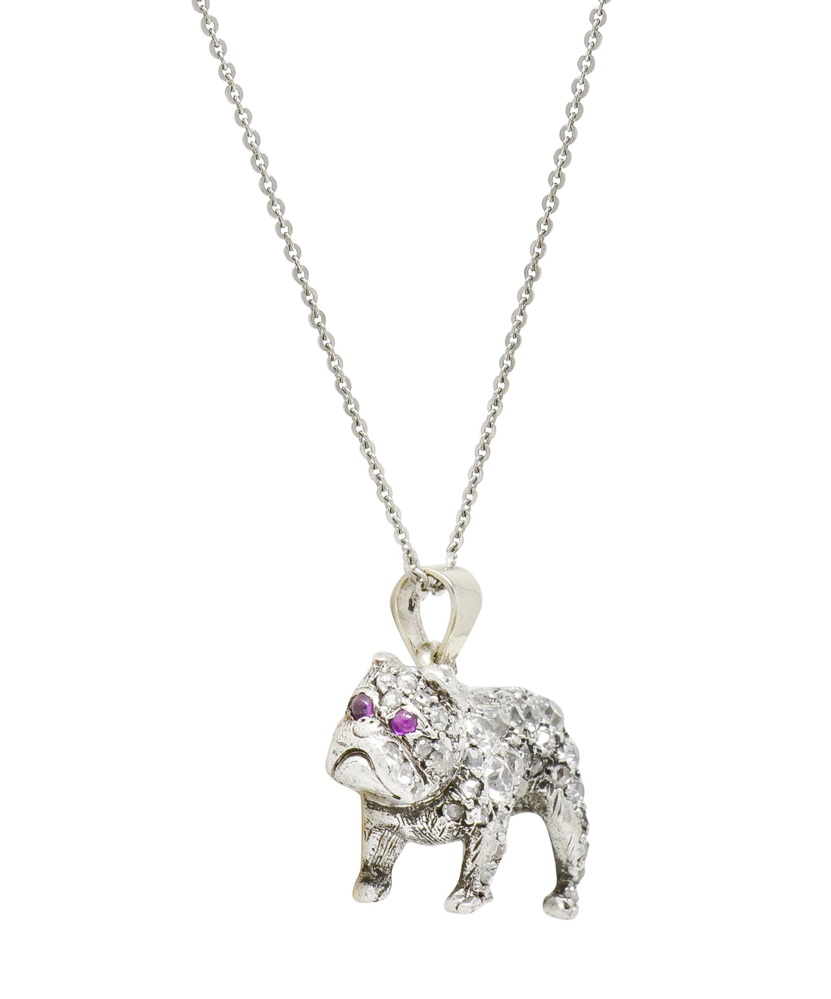 Victorian 2.10 CTW Pave Diamond Silver-Topped Gold Bulldog Pendant Necklace - Wilson's Estate Jewelry