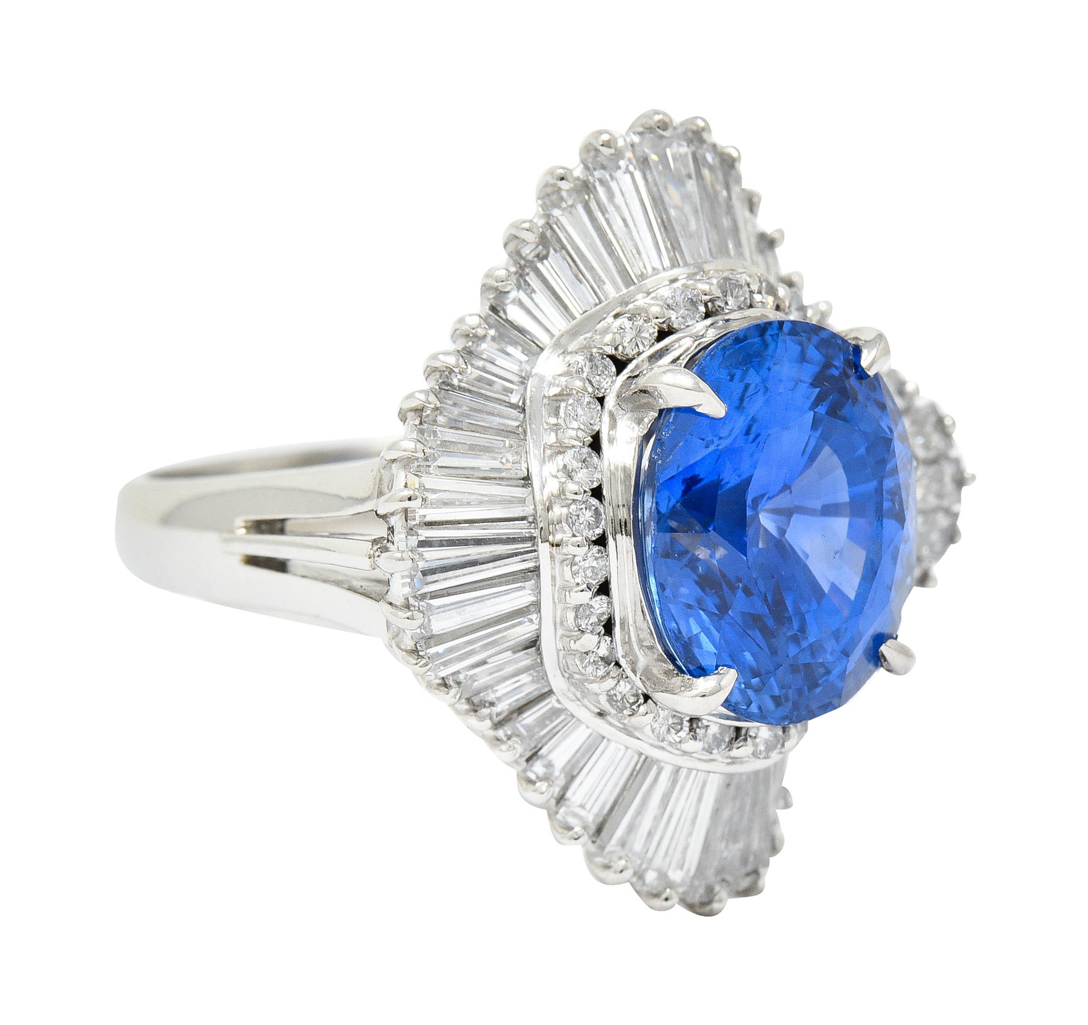 No Heat 9.59 CTW Ceylon Sapphire Diamond Platinum Ballerina Halo Ring AGLRing - Wilson's Estate Jewelry