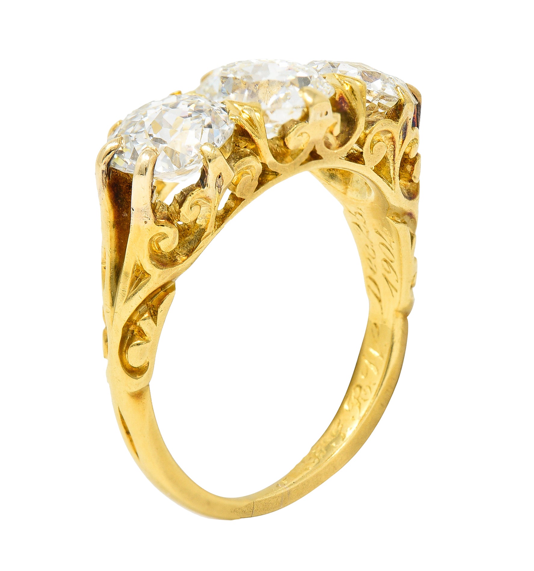 T.B. Starr Victorian 2.64 CTW Jubilee Cut Diamond 18 Karat Yellow Gold Fleur-De-Lis Three Stone Antique Alternative Band Ring Wilson's Estate Jewelry