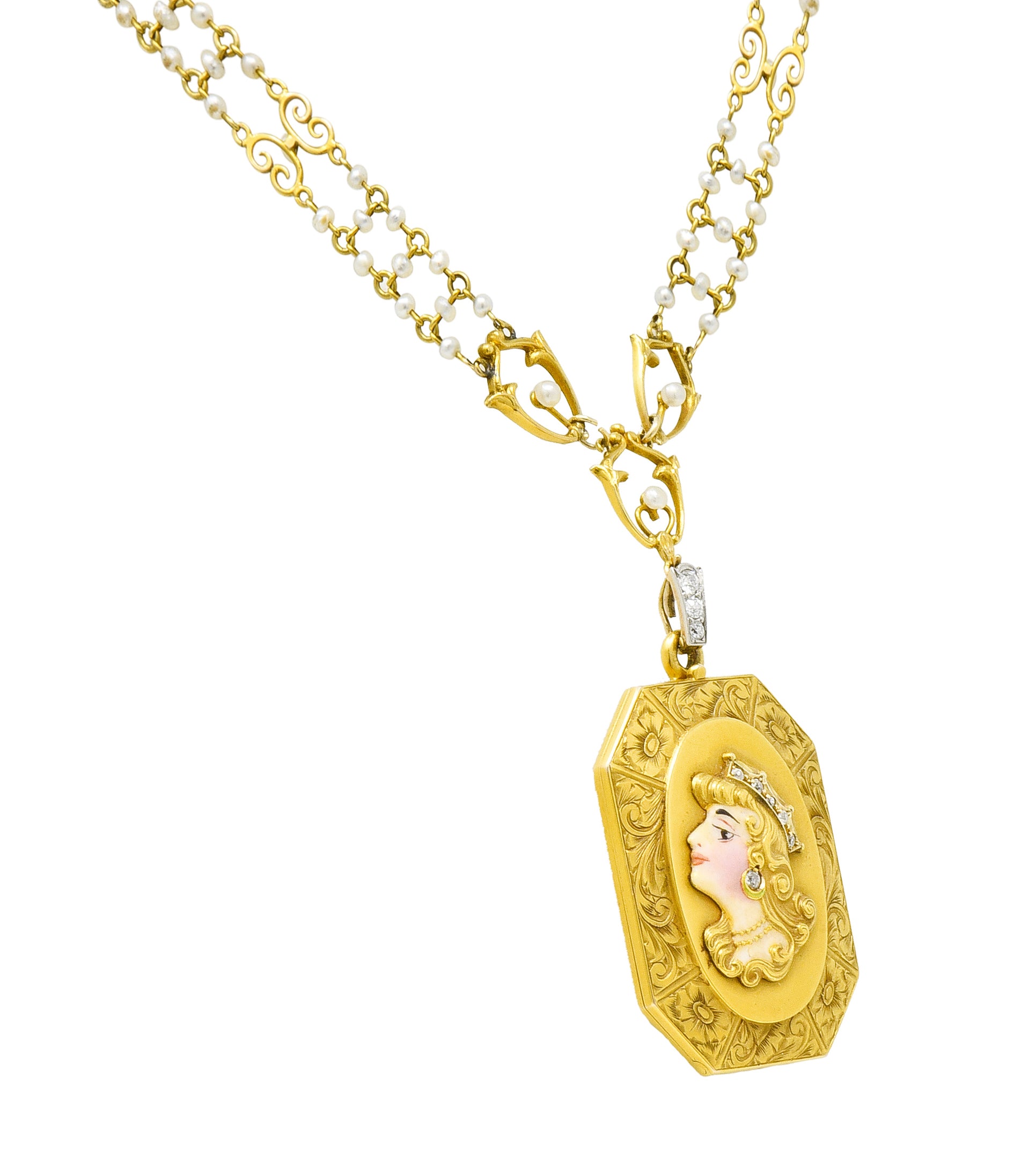 Art Nouveau Enamel Diamond Pearl 14 Karat Gold Princess Locket Necklace - Wilson's Estate Jewelry