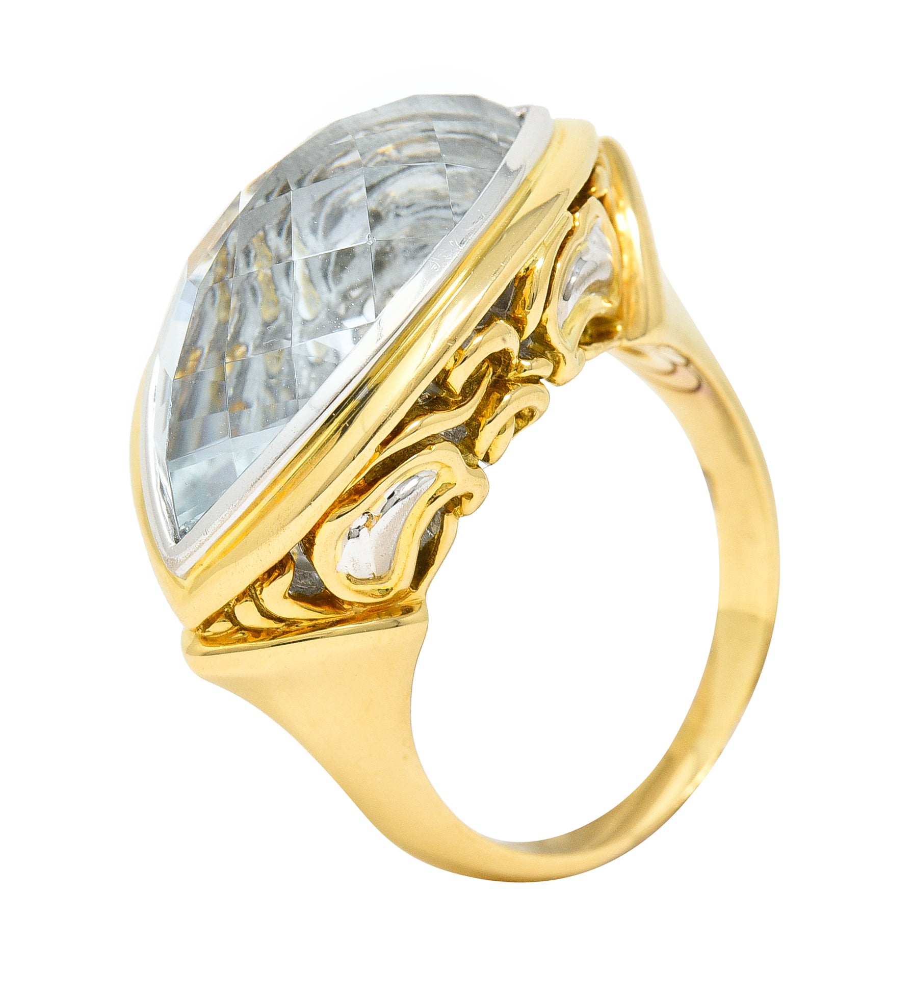 John Hardy Contemporary Navette Cut Aquamarine 18 Karat Two-Tone Gold Cocktail Ring Wilson's Estate Jewelry