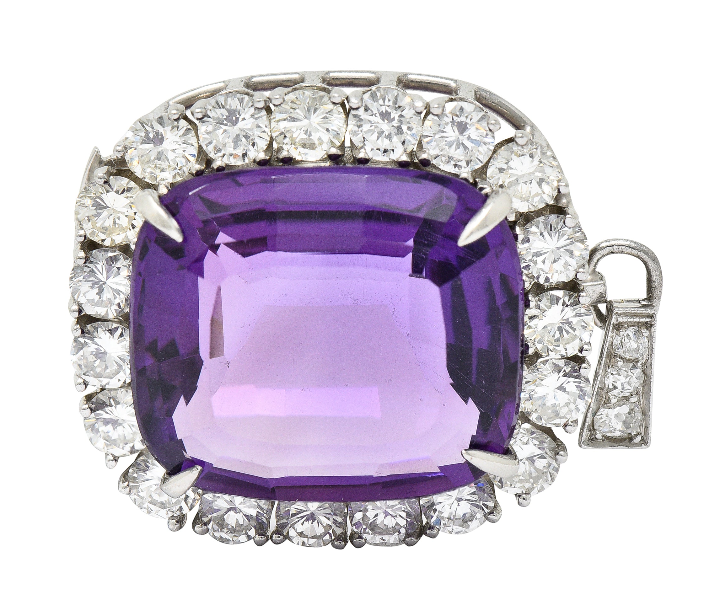 1950's Mid-Century Amethyst Diamond Platinum Cluster Enhancer Pendant Brooch Necklace Wilson's Estate Jewelry