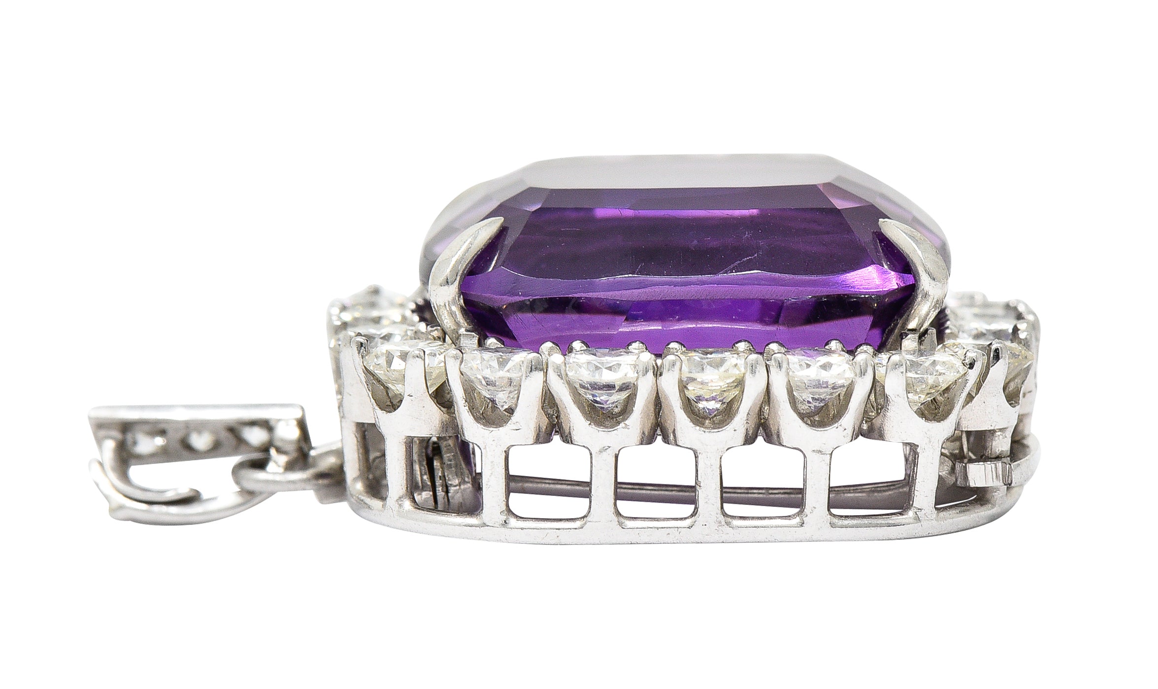 1950's Mid-Century Amethyst Diamond Platinum Cluster Enhancer Pendant Brooch Necklace Wilson's Estate Jewelry