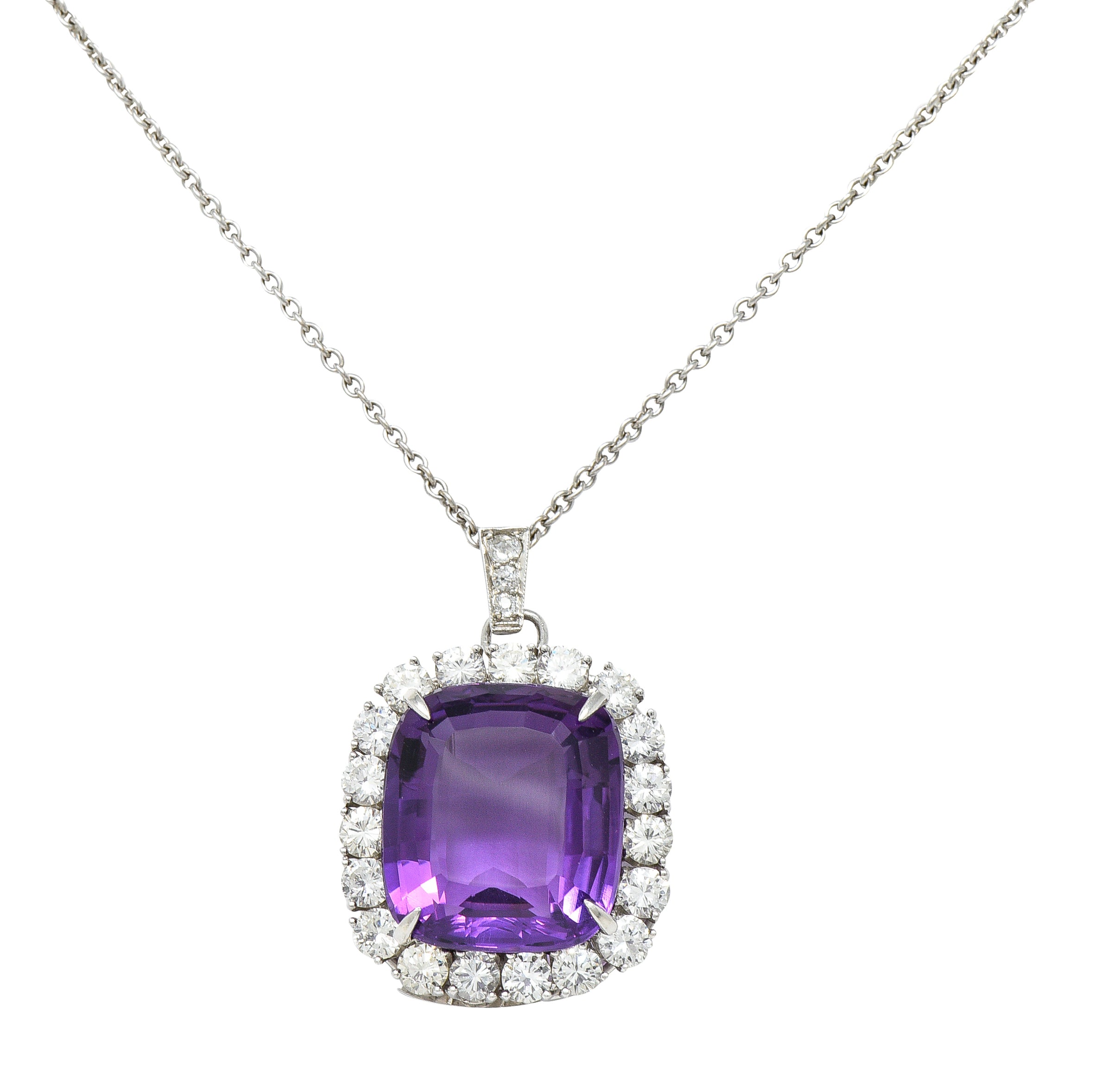 1950's Mid-Century Amethyst Diamond Platinum Cluster Enhancer Pendant Brooch Necklace Wilson's Estate Jewelry