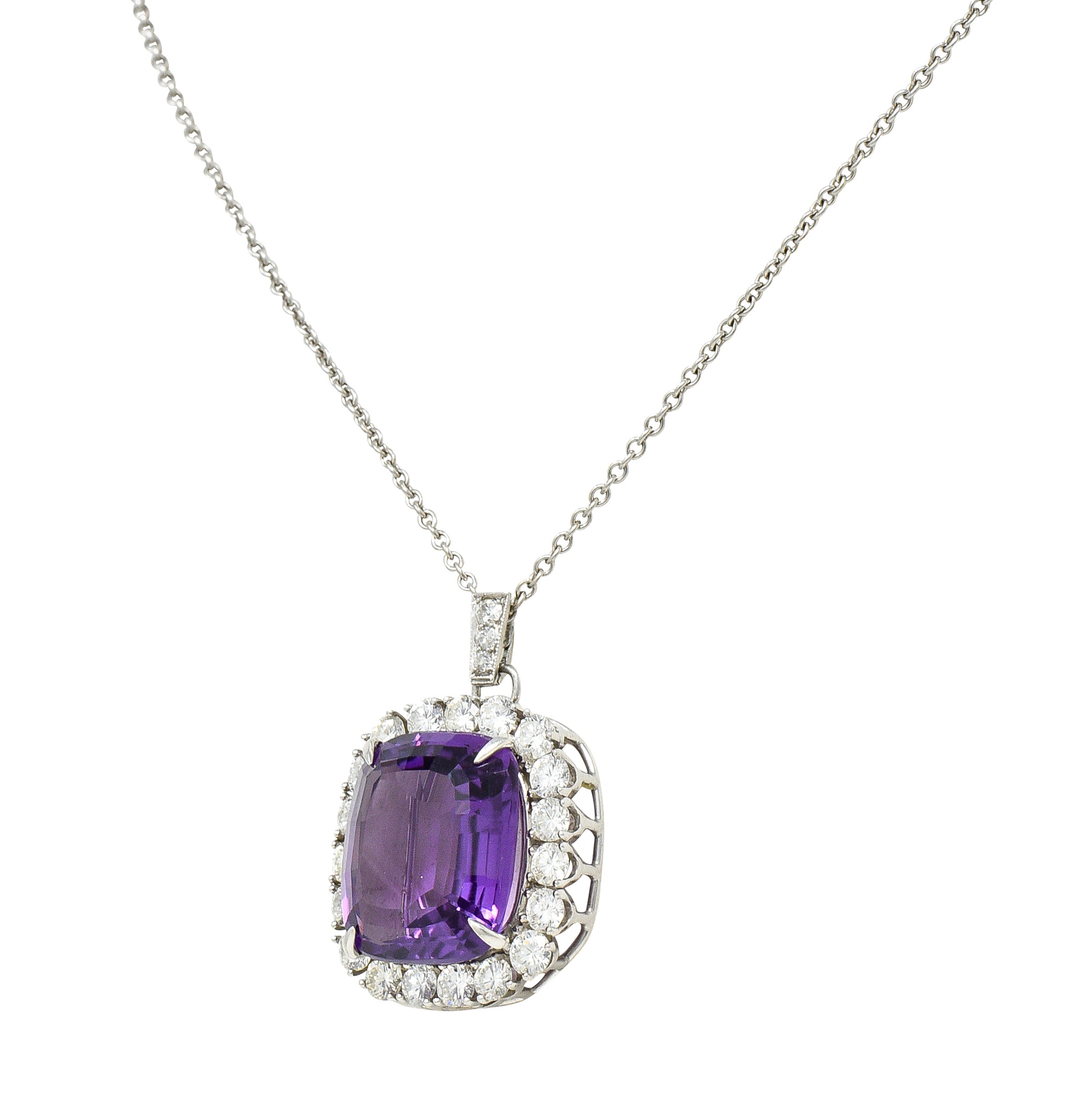 1950's Mid-Century Amethyst Diamond Platinum Cluster Enhancer Pendant Brooch Necklace Wilson's Estate Jewelry