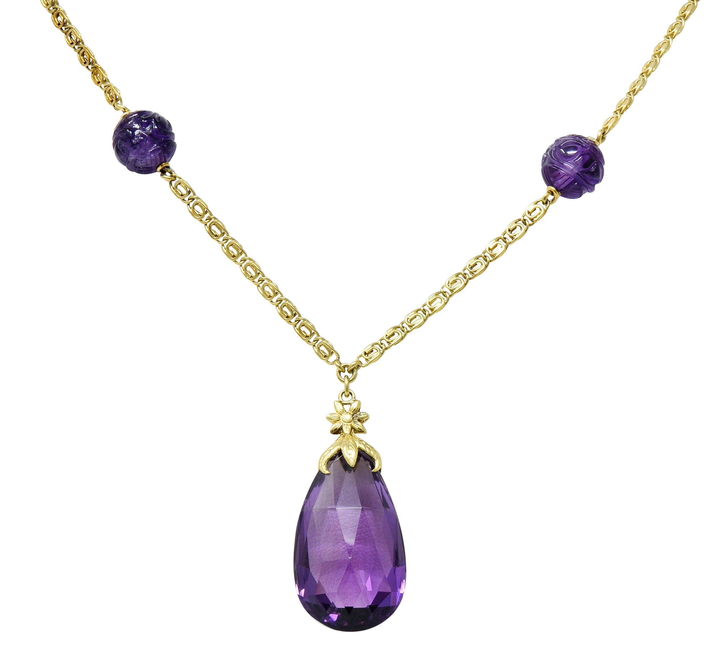 Art Nouveau Carved & Faceted Amethyst 14 Karat Gold Drop NecklaceNecklace - Wilson's Estate Jewelry