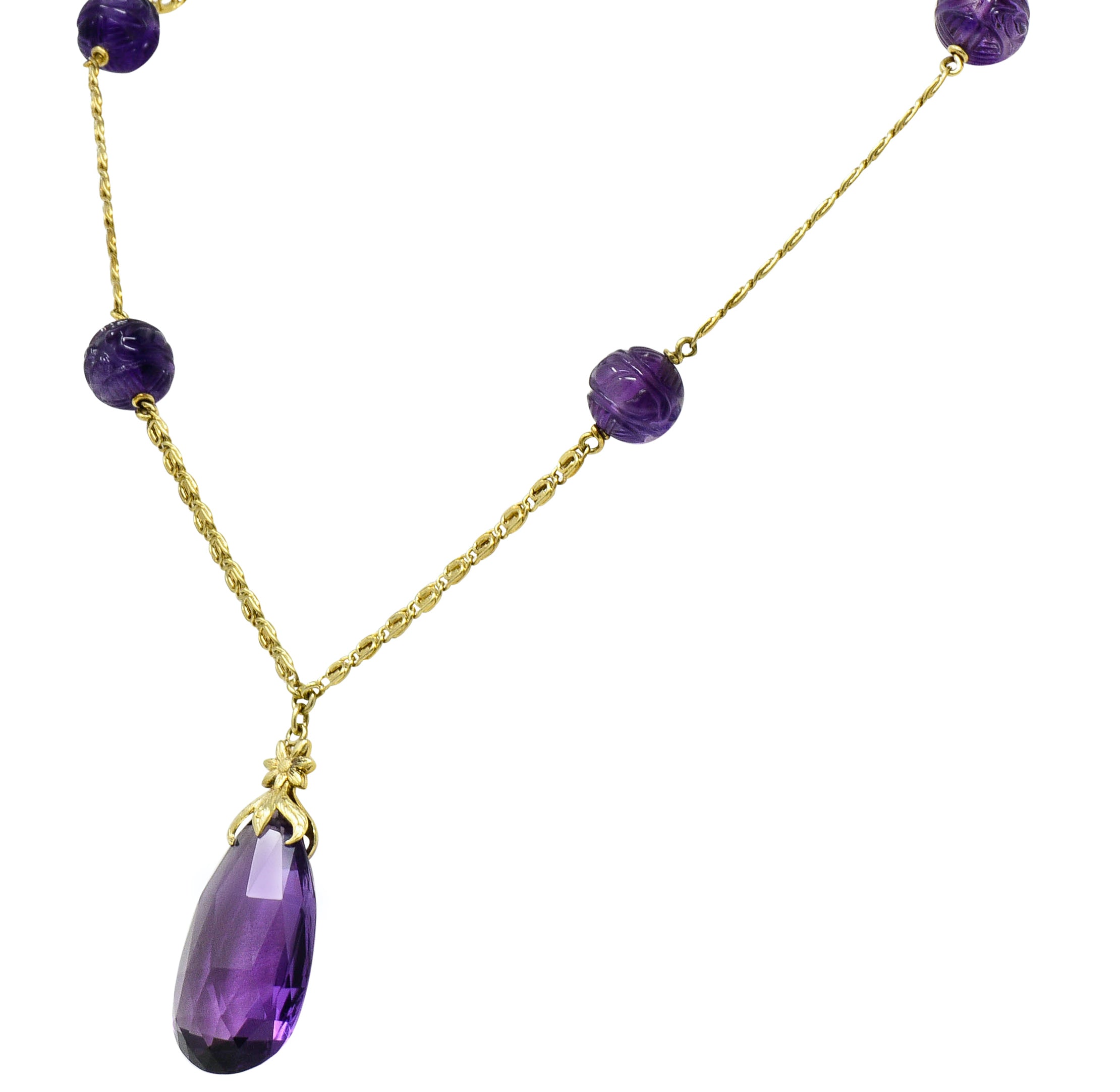 Art Nouveau Carved & Faceted Amethyst 14 Karat Gold Drop NecklaceNecklace - Wilson's Estate Jewelry