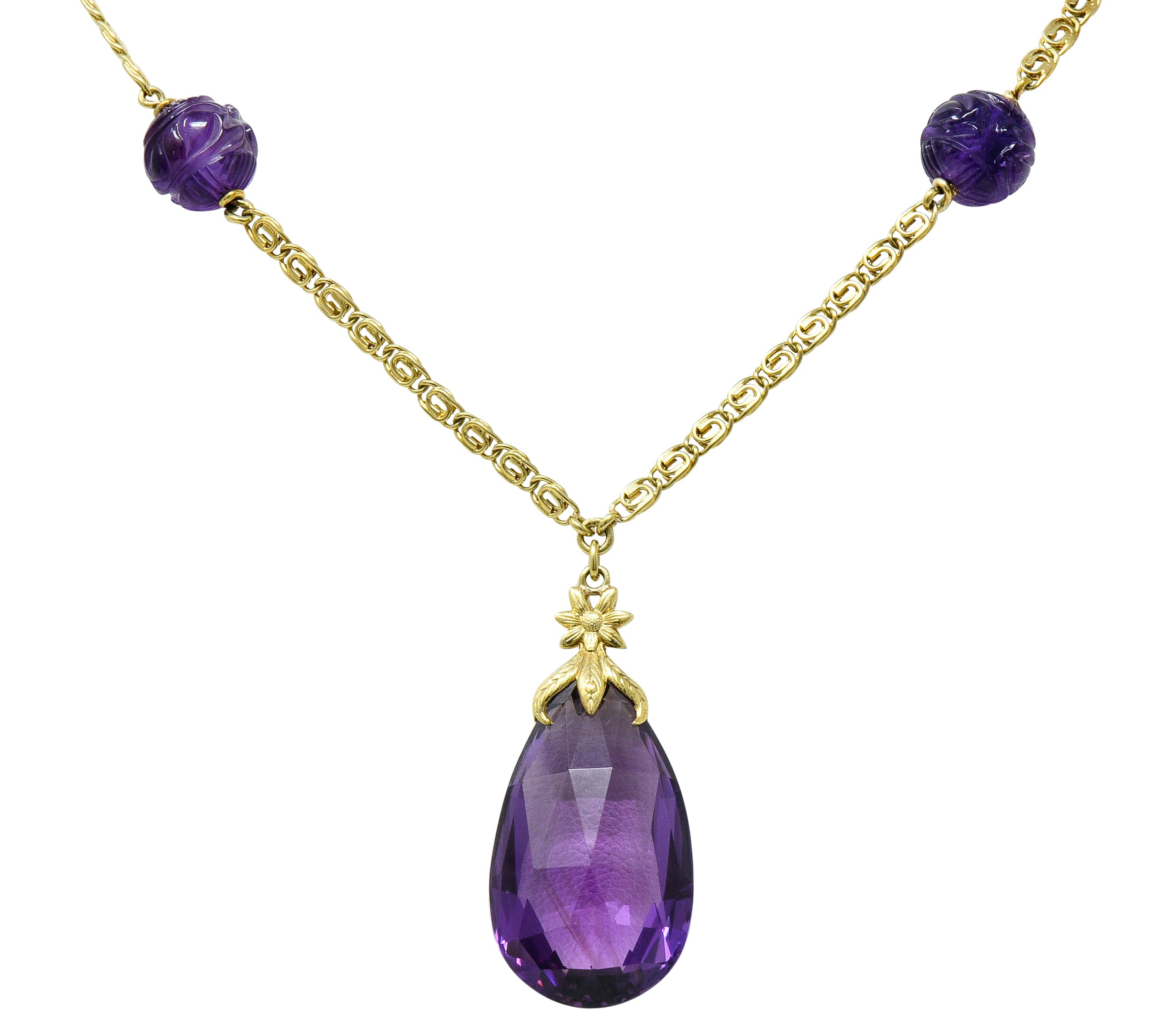 Art Nouveau Carved & Faceted Amethyst 14 Karat Gold Drop NecklaceNecklace - Wilson's Estate Jewelry