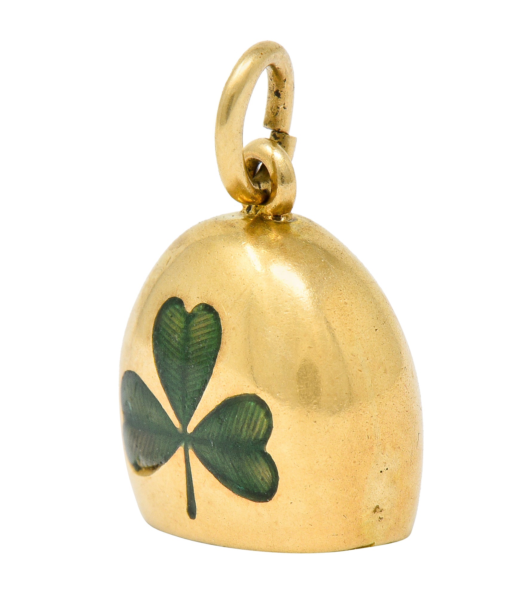 Art Nouveau Green Enamel 14 Karat Gold Irish Clover Bell Charm - Wilson's Estate Jewelry