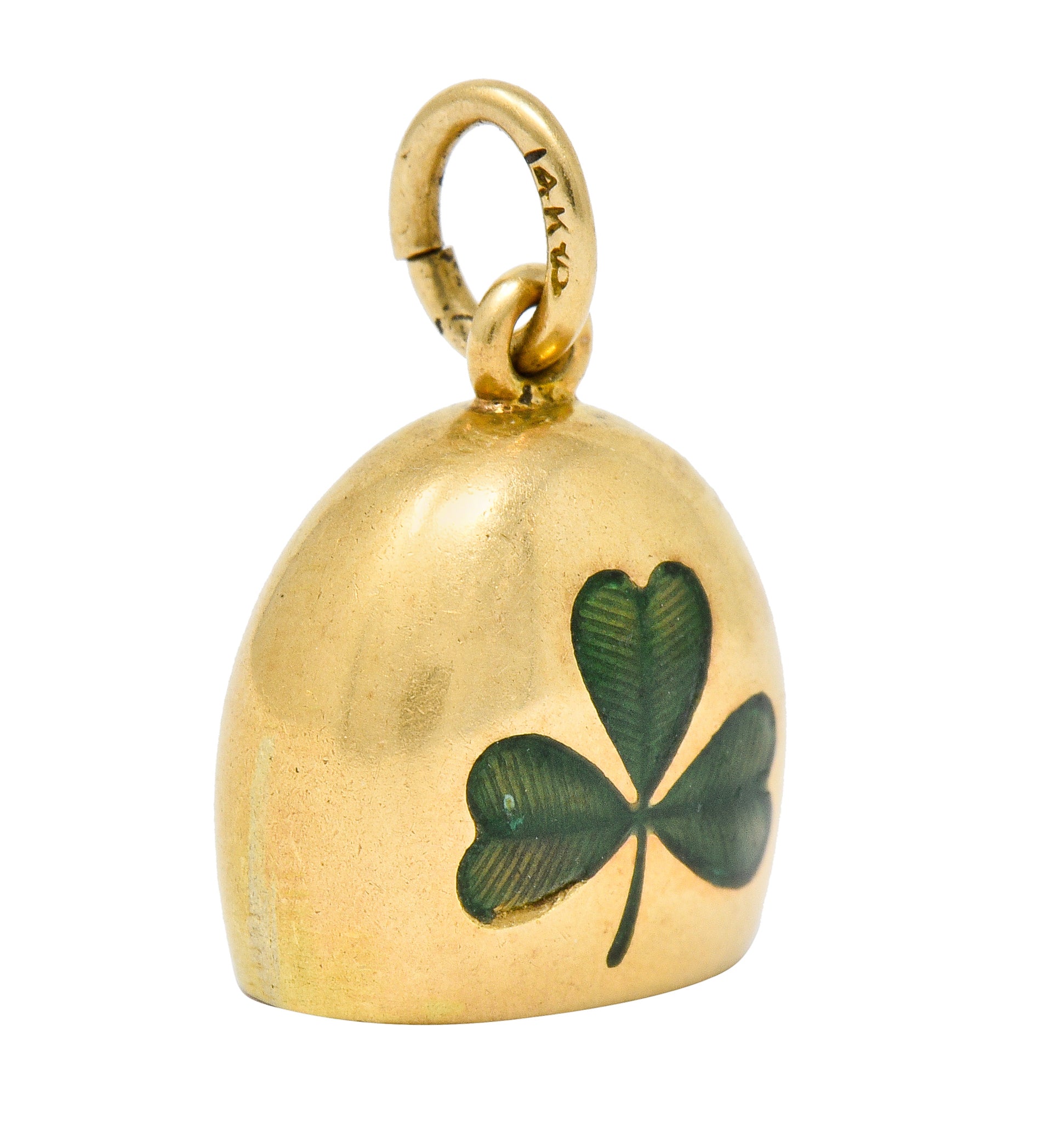 Art Nouveau Green Enamel 14 Karat Gold Irish Clover Bell Charm - Wilson's Estate Jewelry