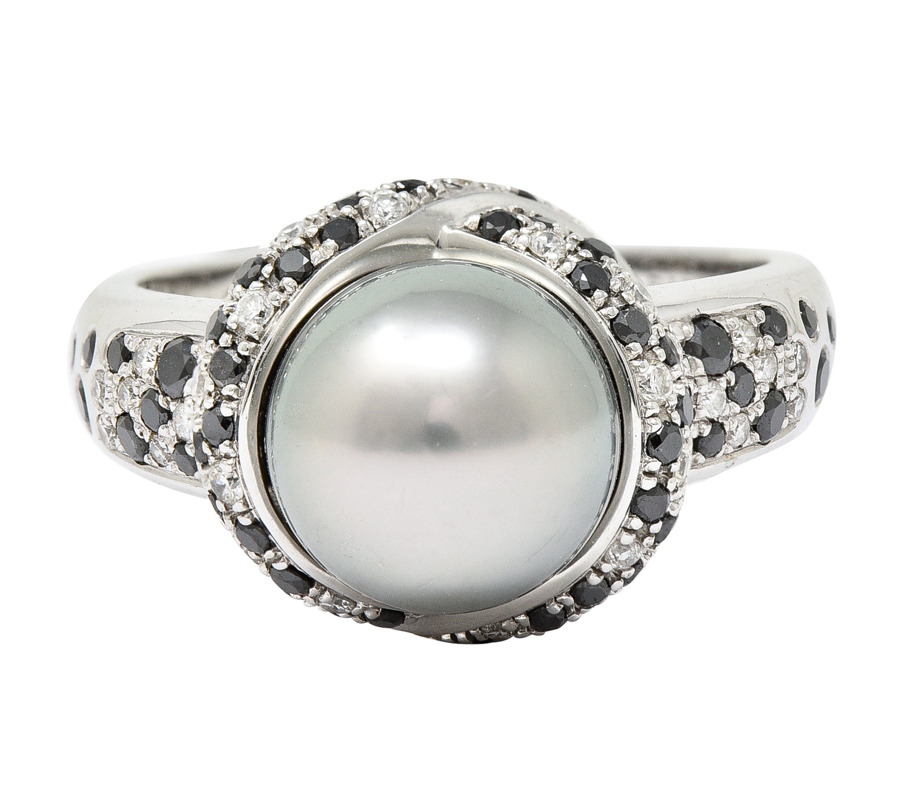 Mauboussin Paris Tahitian Pearl Diamond & Black Diamond 18 Karat White Gold Perle Caviar Mon Amour Ring Wilson's Estate Jewelry