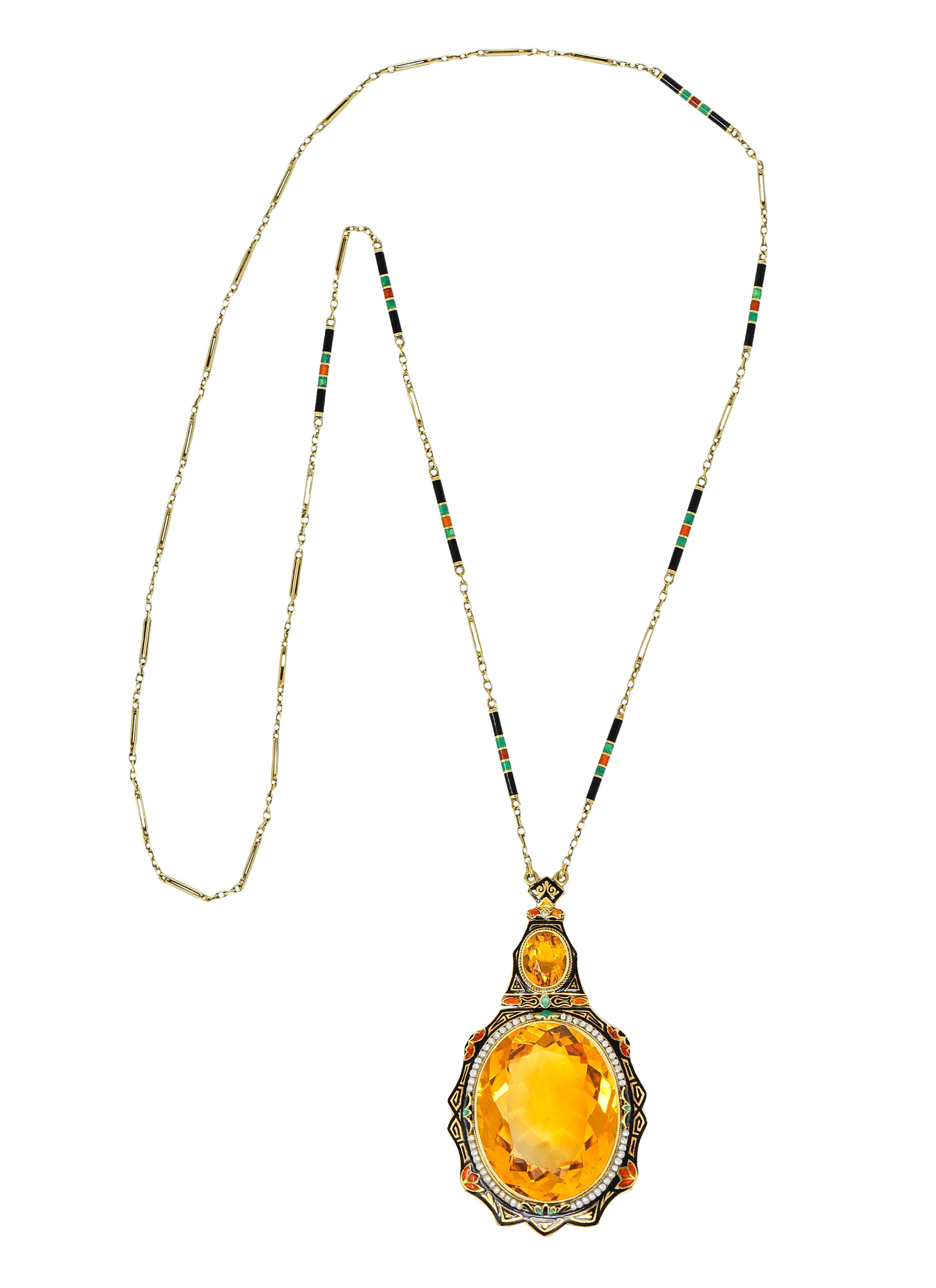 Substantial Art Deco Citrine Pearl Enamel 14 Karat Gold Statement Sautoir NecklaceNecklace - Wilson's Estate Jewelry