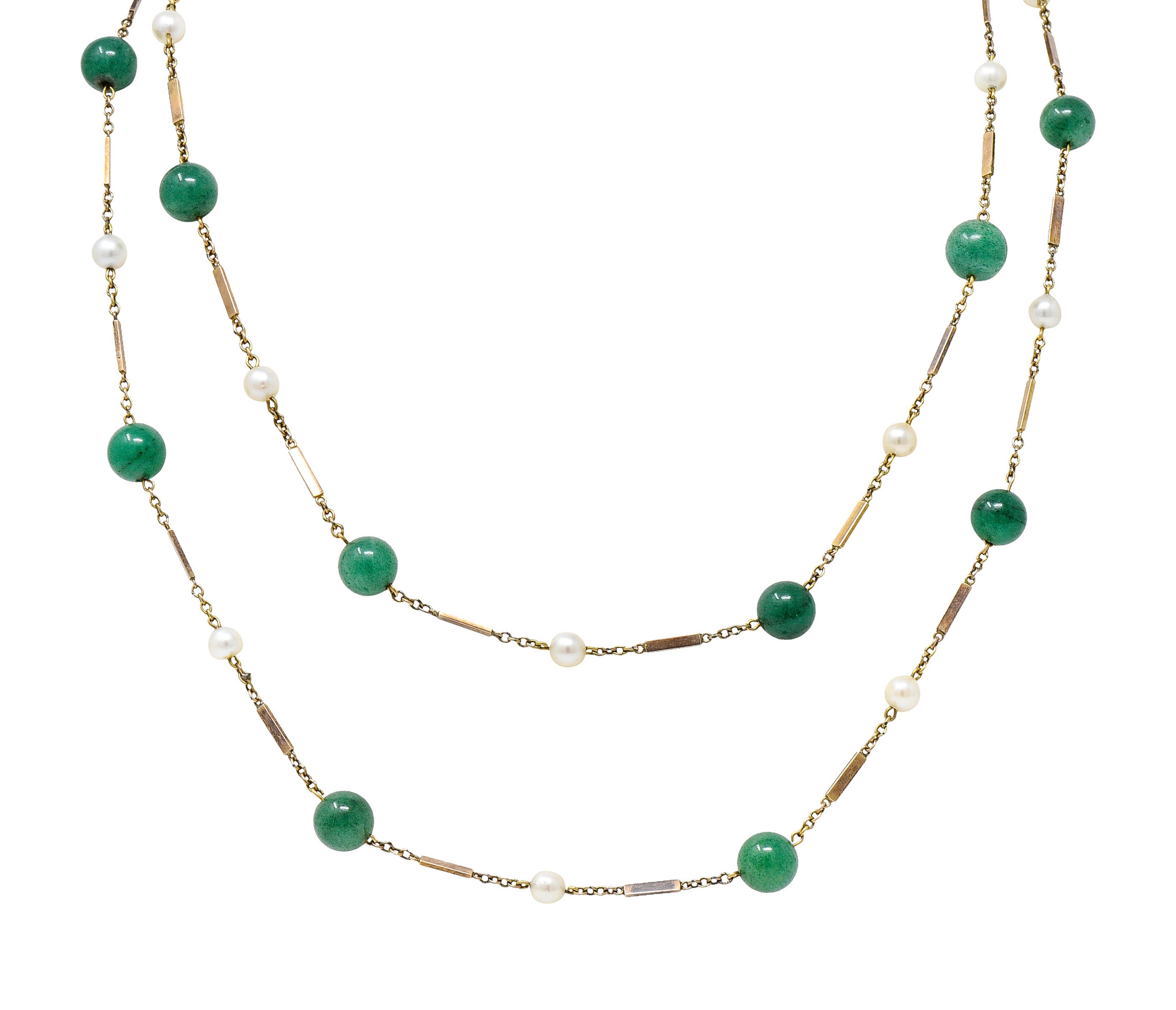 1960's Vintage Pearl Aventurine 14 Karat Gold 62 Inch Long Station NecklaceNecklace - Wilson's Estate Jewelry