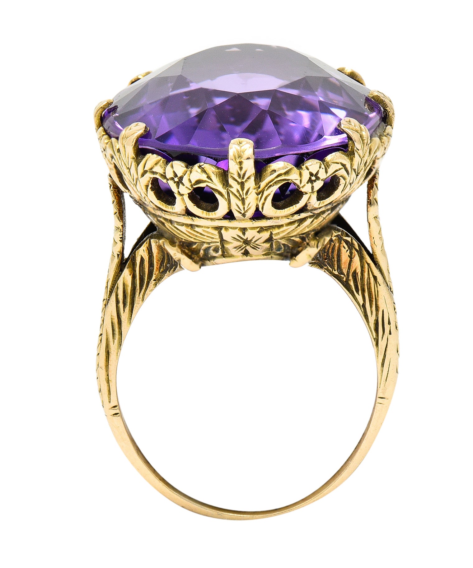 1920's Art Deco Amethyst 18 Karat Yellow Gold Floral Gemstone Ring Wilson's Estate Jewelry