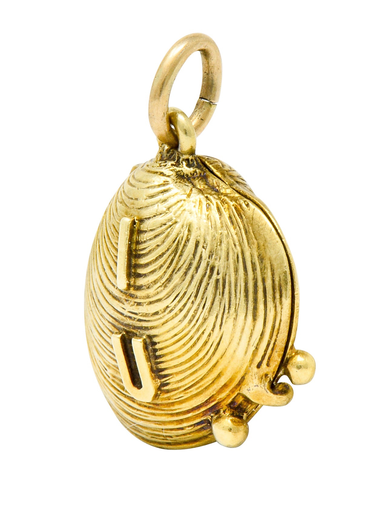 Art Nouveau Pearl 14 Karat Gold I Shell Love You Forever Clamshell Charm - Wilson's Estate Jewelry