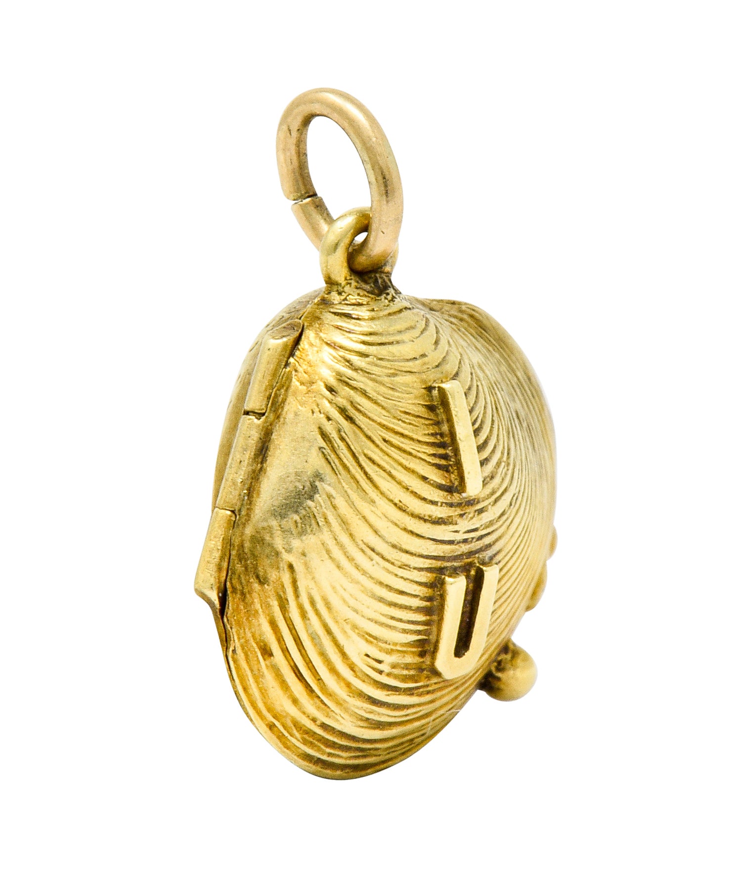 Art Nouveau Pearl 14 Karat Gold I Shell Love You Forever Clamshell Charm - Wilson's Estate Jewelry