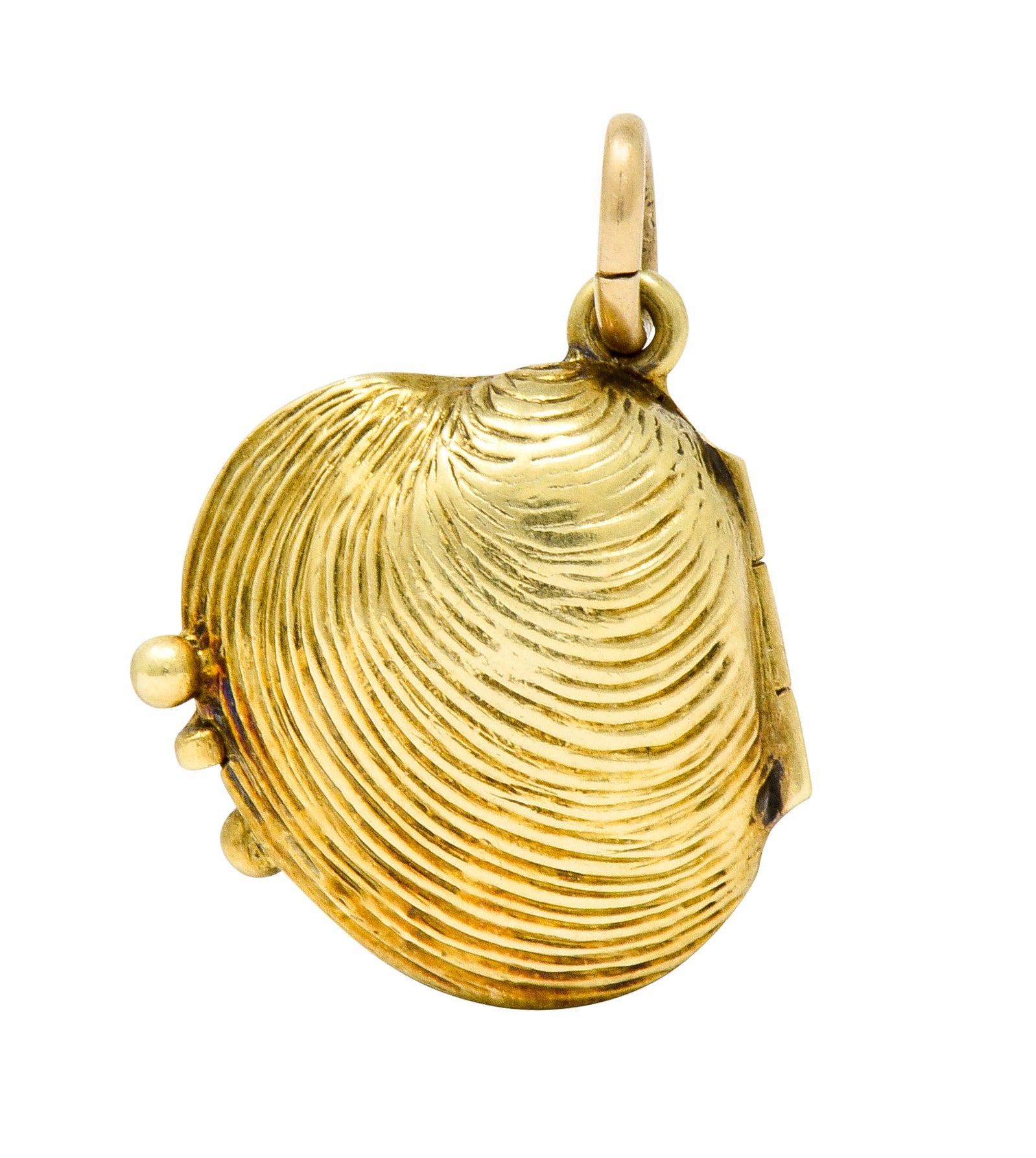 Art Nouveau Pearl 14 Karat Gold I Shell Love You Forever Clamshell Charm - Wilson's Estate Jewelry