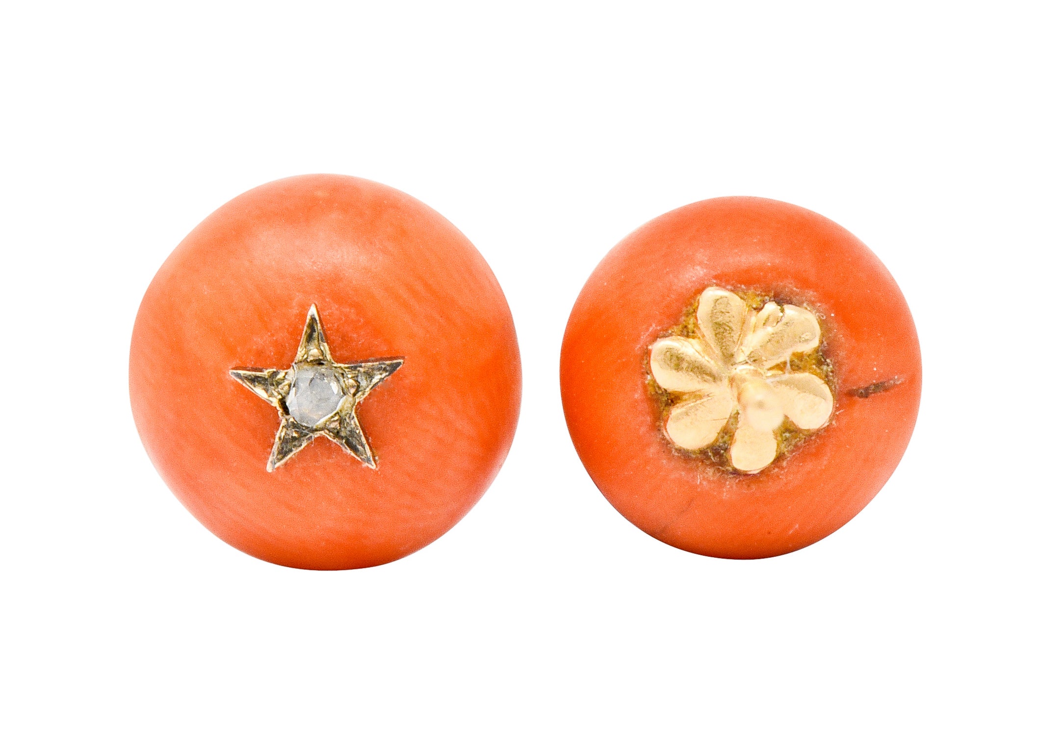 Victorian French Coral Rose Cut Diamond 18 Karat Gold Star Stud Earrings - Wilson's Estate Jewelry