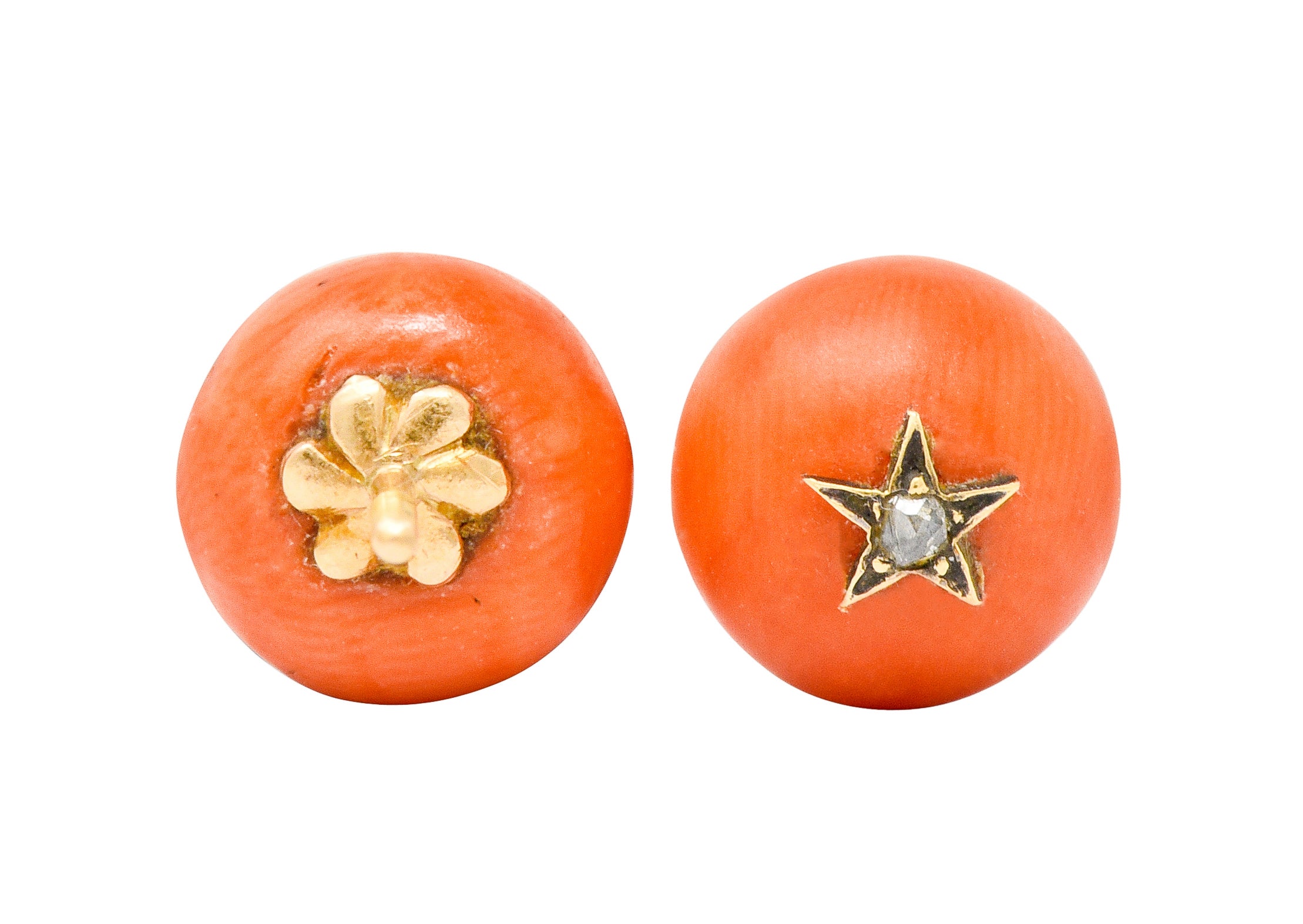 Victorian French Coral Rose Cut Diamond 18 Karat Gold Star Stud Earrings - Wilson's Estate Jewelry