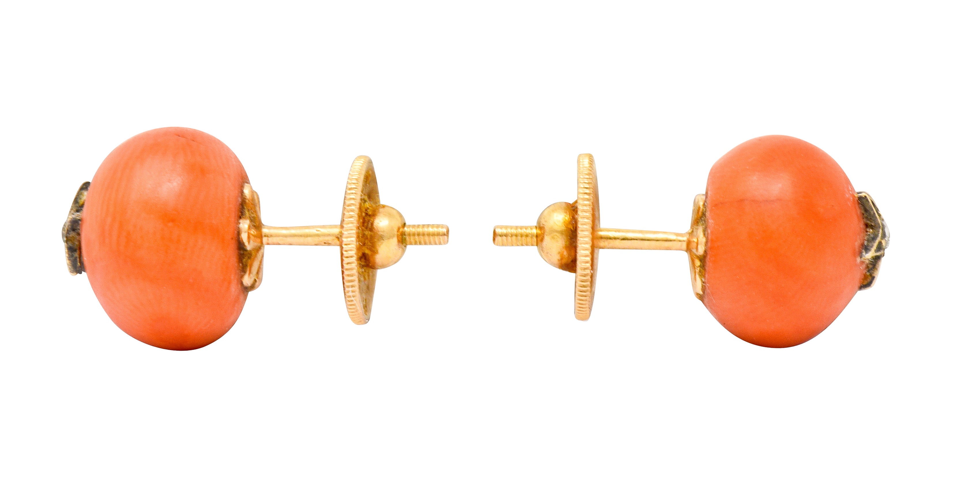 Victorian French Coral Rose Cut Diamond 18 Karat Gold Star Stud Earrings - Wilson's Estate Jewelry