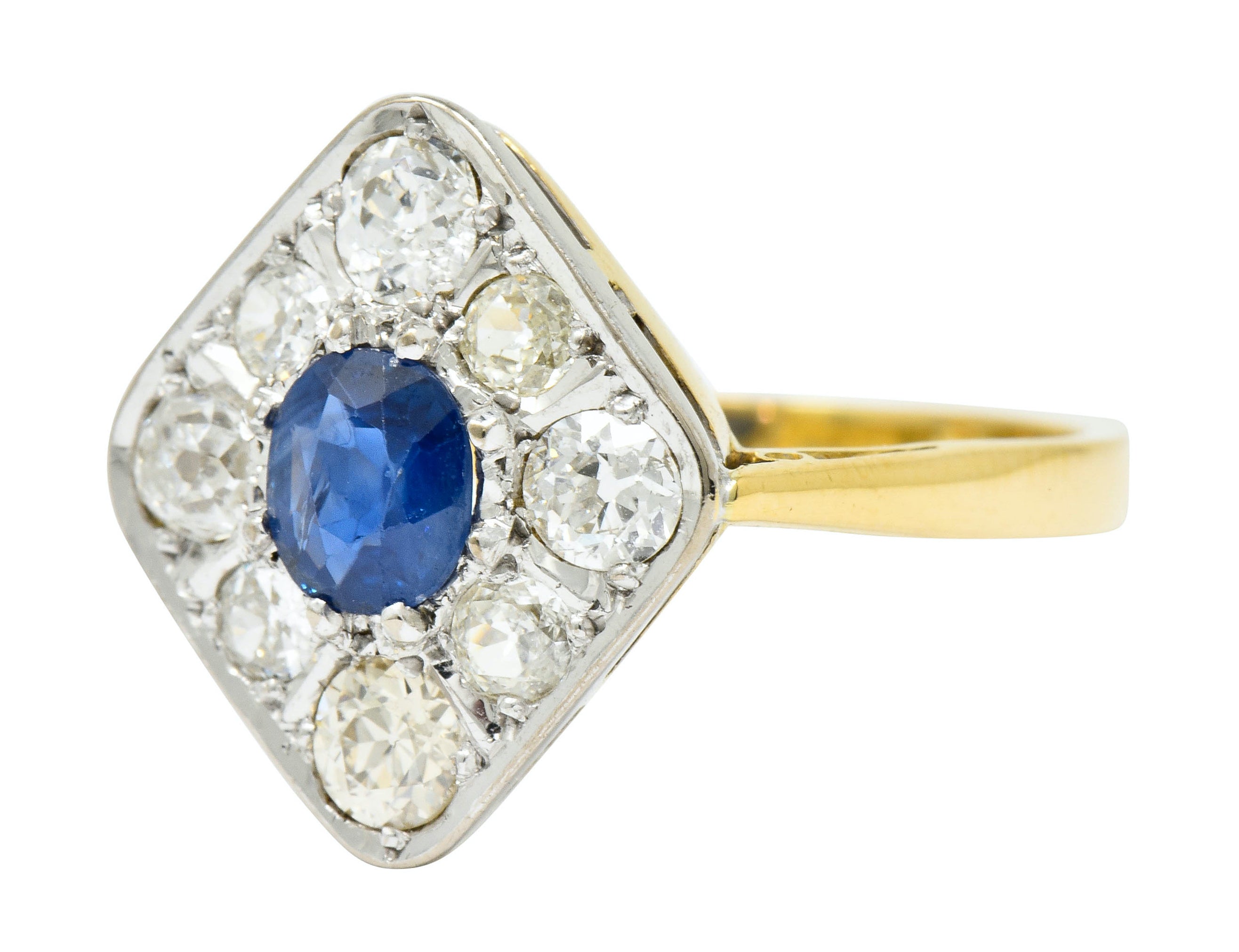 Edwardian 1.77 CTW Sapphire Diamond Platinum-Topped 18 Karat Gold Navette Cluster Ring - Wilson's Estate Jewelry