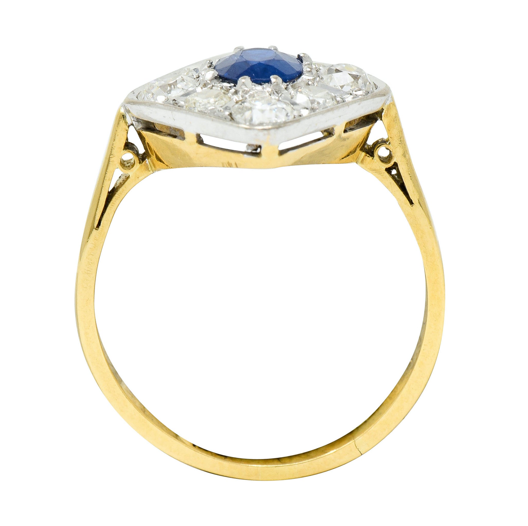 Edwardian 1.77 CTW Sapphire Diamond Platinum-Topped 18 Karat Gold Navette Cluster Ring - Wilson's Estate Jewelry