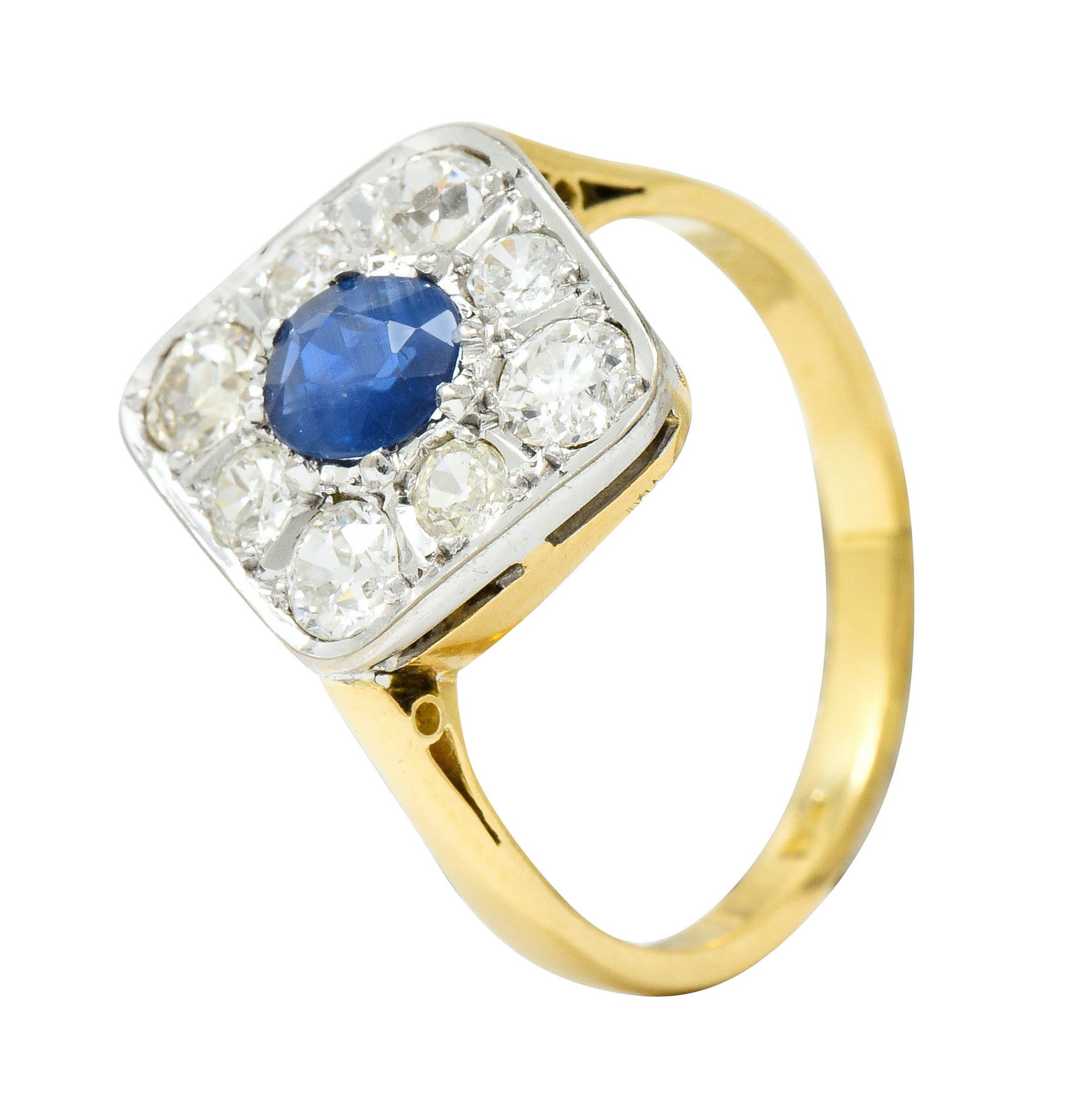 Edwardian 1.77 CTW Sapphire Diamond Platinum-Topped 18 Karat Gold Navette Cluster Ring - Wilson's Estate Jewelry