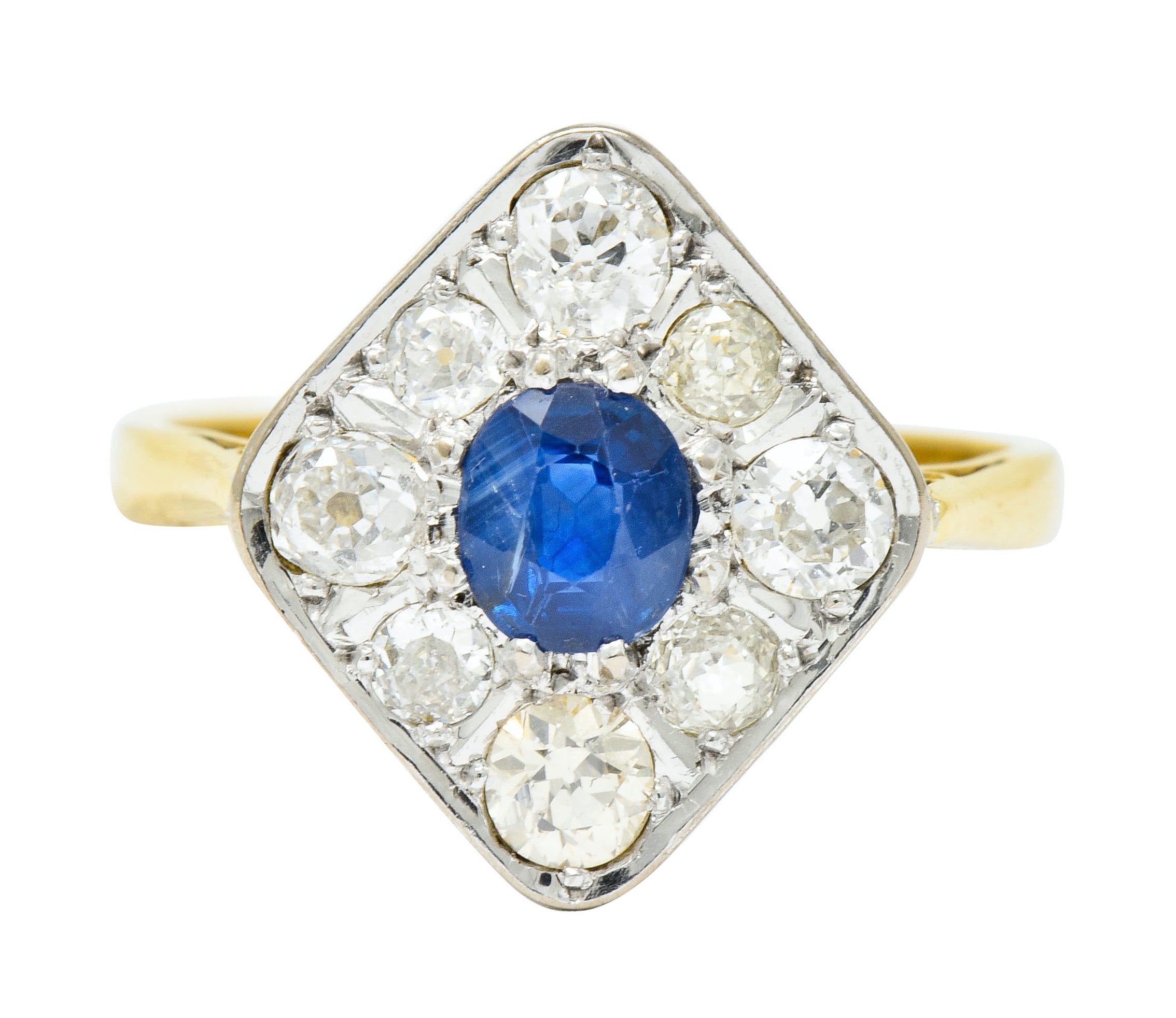 Edwardian 1.77 CTW Sapphire Diamond Platinum-Topped 18 Karat Gold Navette Cluster Ring - Wilson's Estate Jewelry