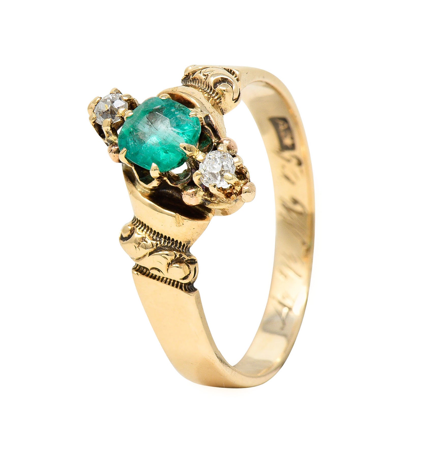 1890's Allsopp Bros. 0.55 CTW Emerald Diamond 14 Karat Gold Three Stone RingRing - Wilson's Estate Jewelry