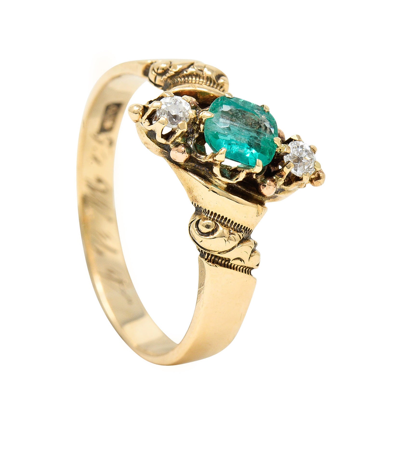 1890's Allsopp Bros. 0.55 CTW Emerald Diamond 14 Karat Gold Three Stone RingRing - Wilson's Estate Jewelry