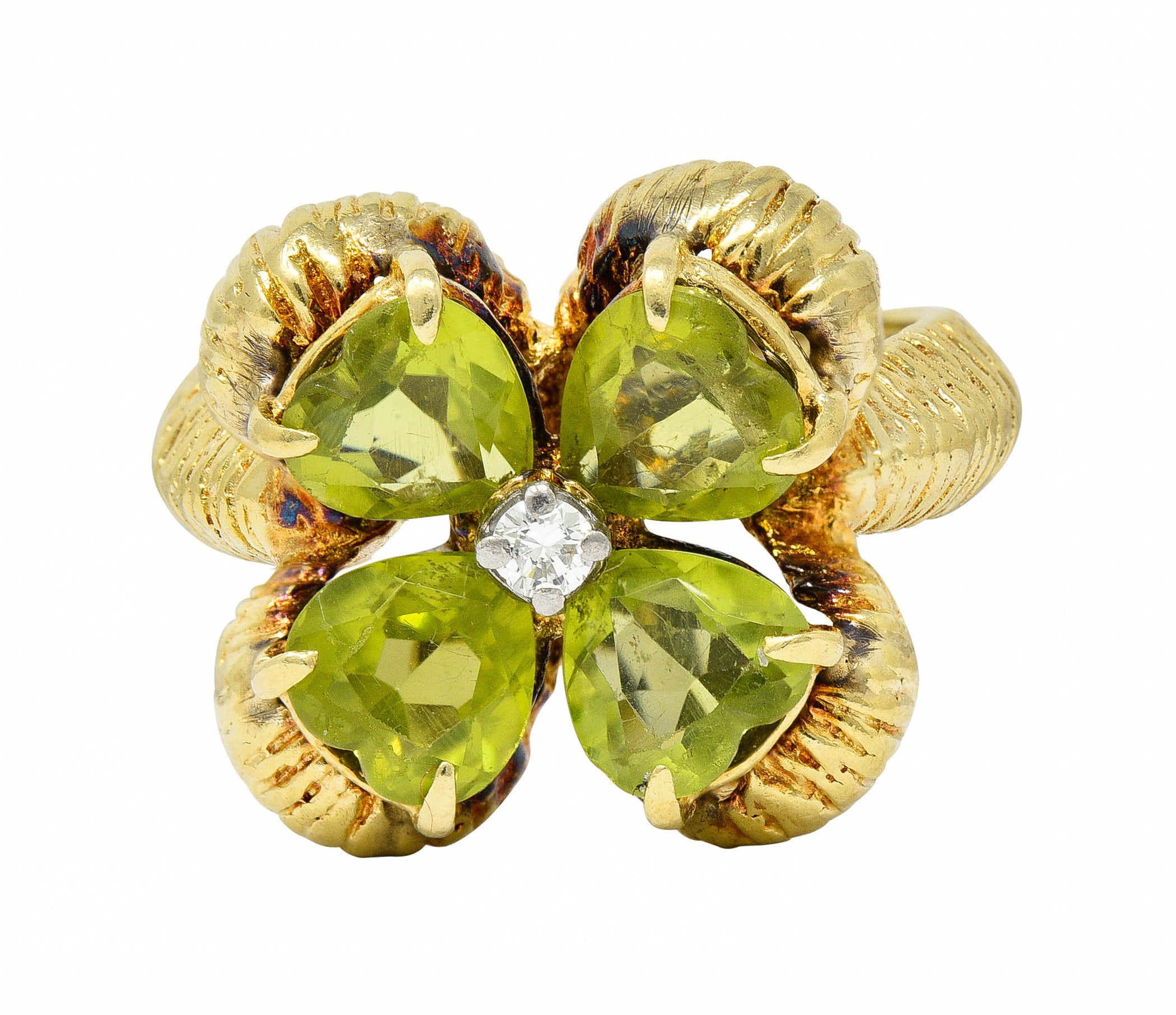 David Trabich 1980's Vintage 2.90 CTW Peridot Diamond 14 Karat Gold Clover RingRing - Wilson's Estate Jewelry