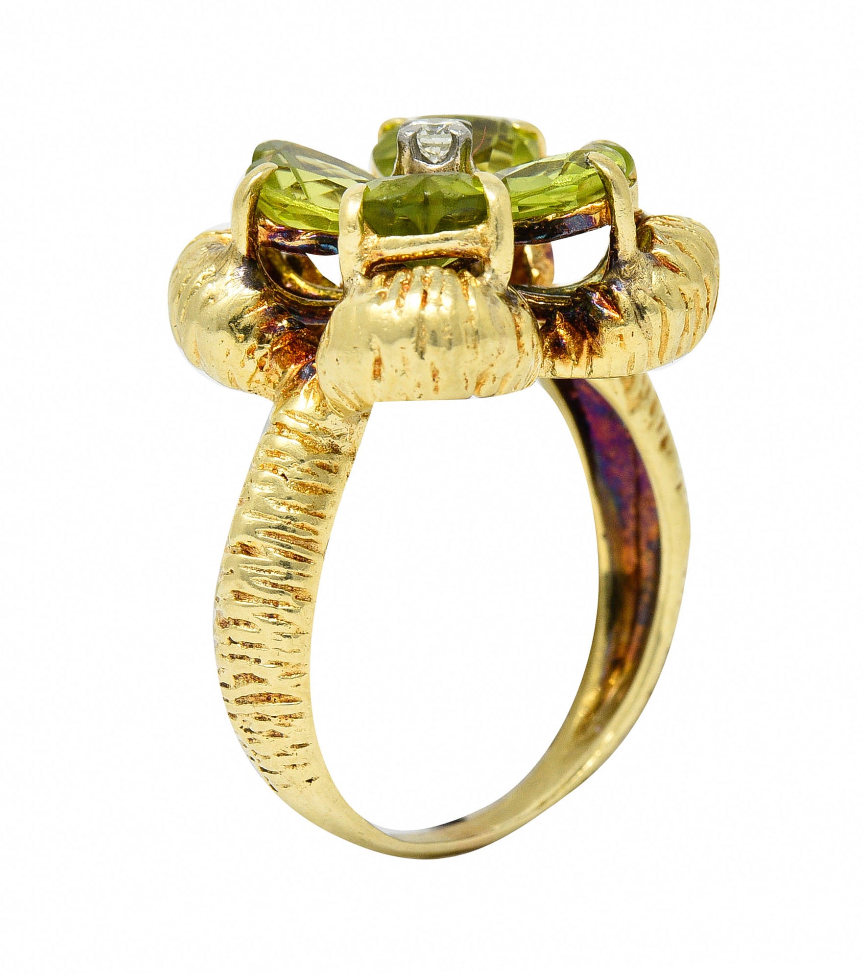 David Trabich 1980's Vintage 2.90 CTW Peridot Diamond 14 Karat Gold Clover RingRing - Wilson's Estate Jewelry