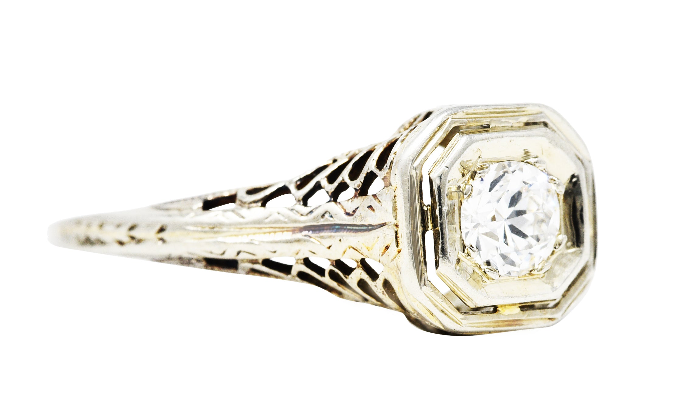 1920's Art Deco 0.20 CTW Diamond 18 Karat White Gold Pierced Butterfly Engagement RingRings - Wilson's Estate Jewelry