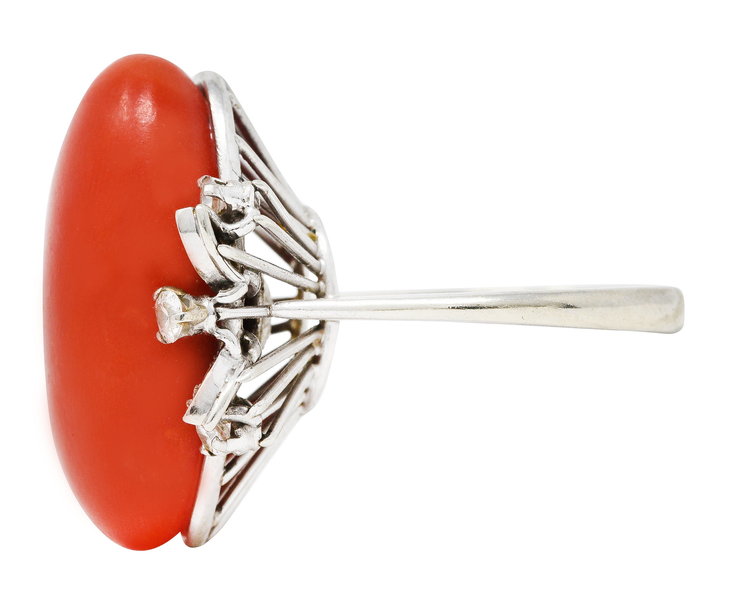 1950's Mid-Century Red Coral Diamond 18 Karat White Gold Cocktail RingRing - Wilson's Estate Jewelry