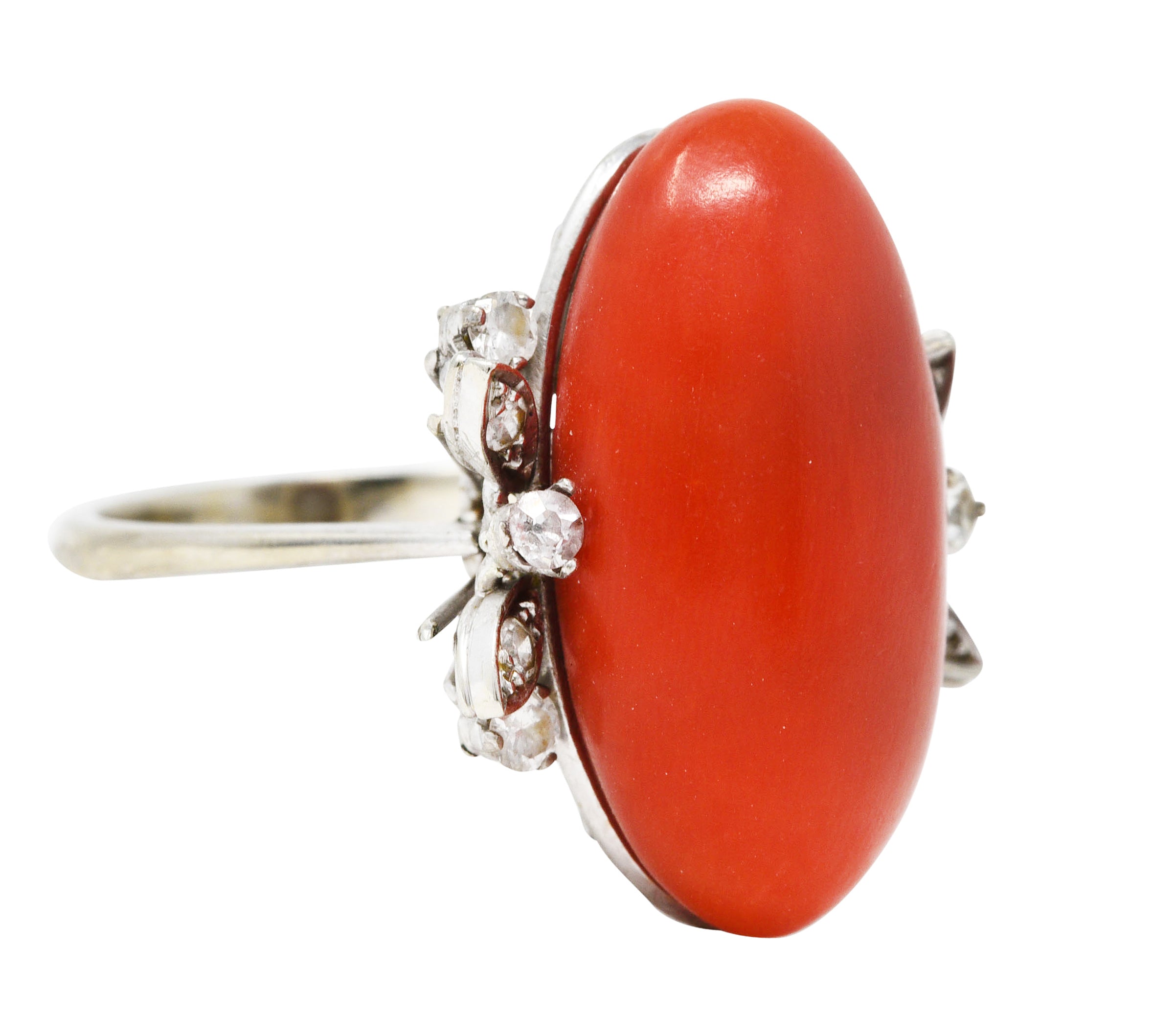 1950's Mid-Century Red Coral Diamond 18 Karat White Gold Cocktail RingRing - Wilson's Estate Jewelry