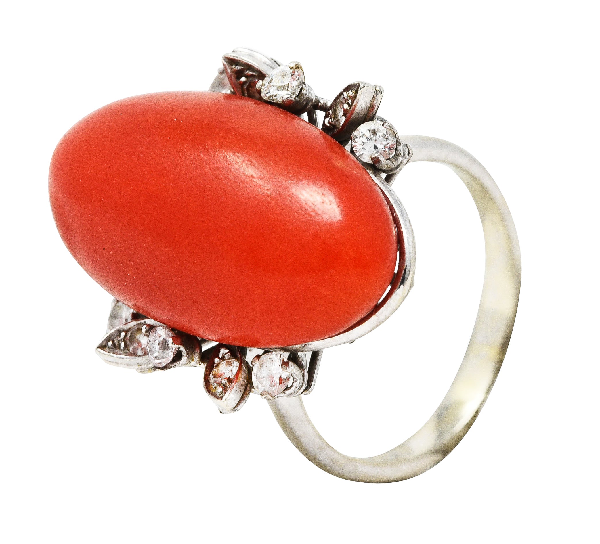 1950's Mid-Century Red Coral Diamond 18 Karat White Gold Cocktail RingRing - Wilson's Estate Jewelry