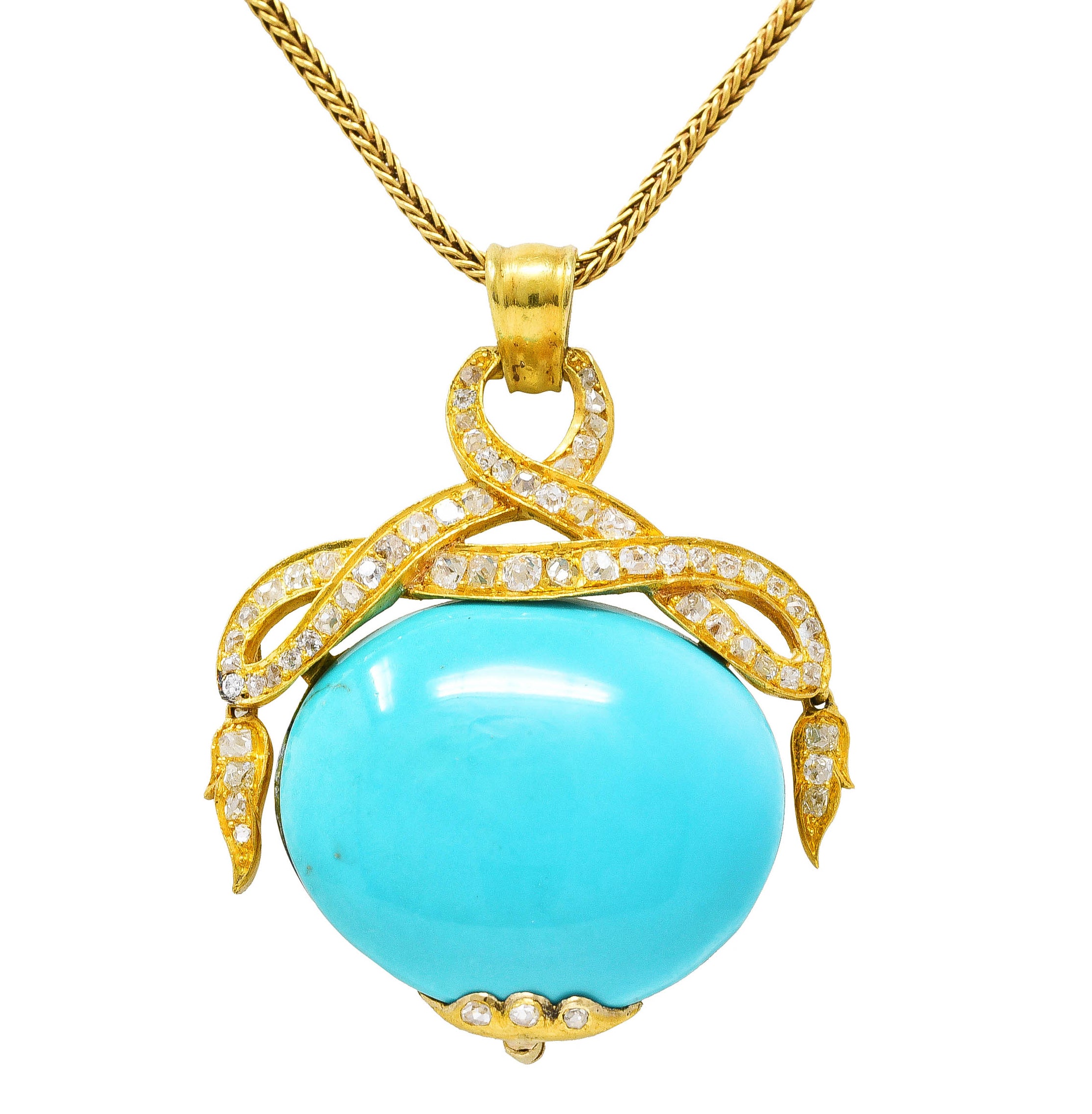 Victorian Etruscan Revival 1.15 CTW Old Mine Cut Diamond Turquoise 18 Karat Yellow Gold Antique Pendant Necklace Wilson's Estate Jewelry