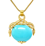 Victorian Etruscan Revival 1.15 CTW Old Mine Cut Diamond Turquoise 18 Karat Yellow Gold Antique Pendant Necklace Wilson's Estate Jewelry
