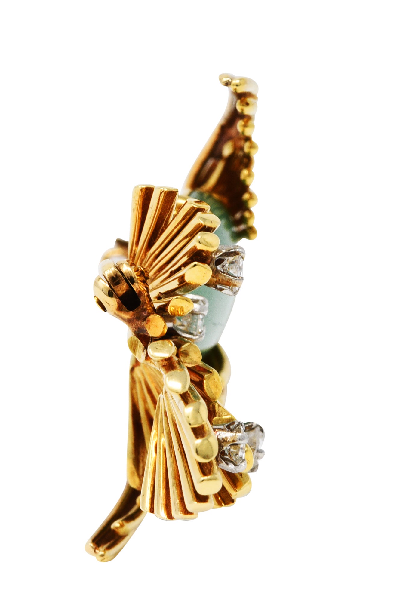 Ruser Jade Pearl Diamond Sapphire Platinum 18 Karat Gold Bird Brooch Circa 1960Brooch - Wilson's Estate Jewelry