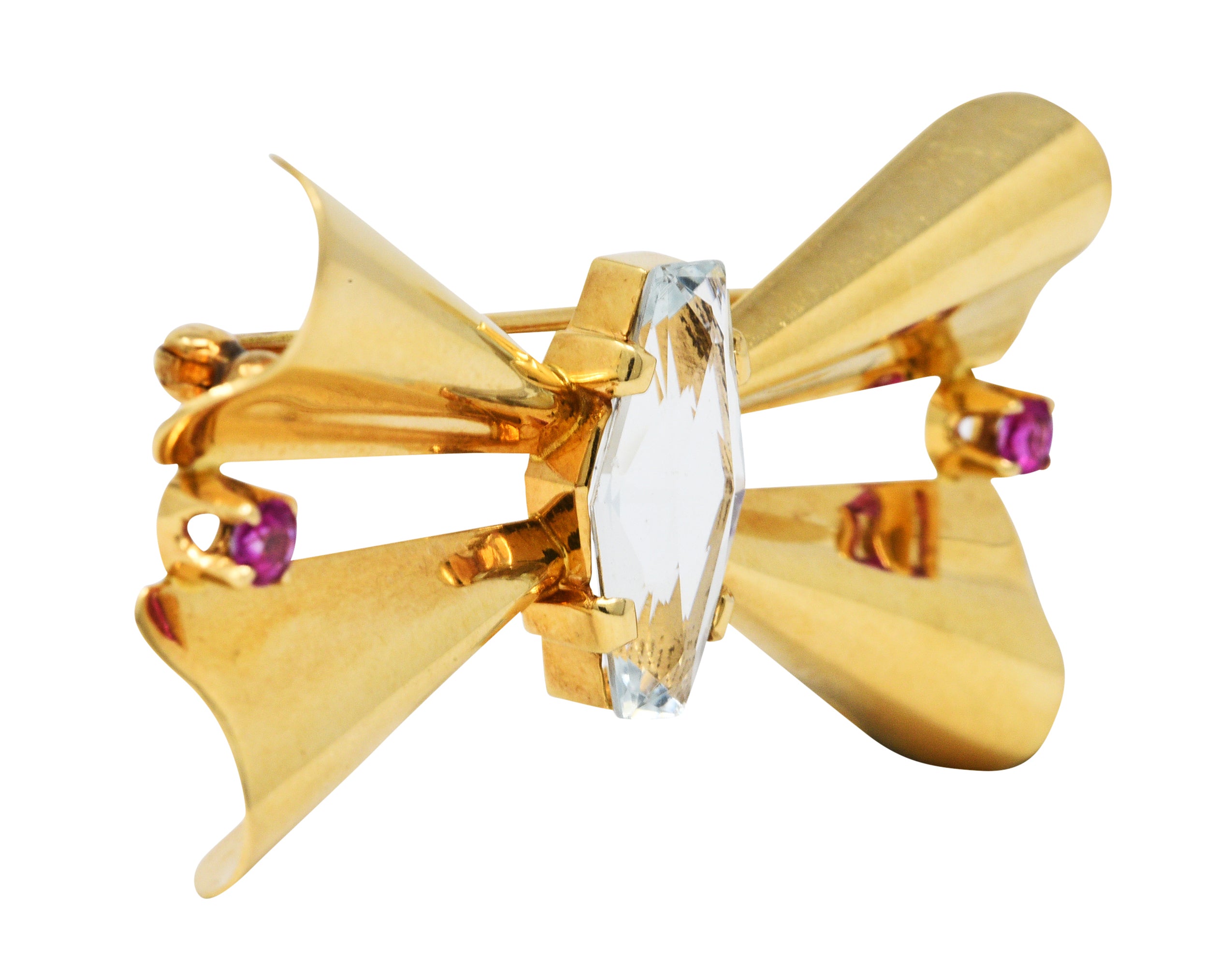 Retro Aquamarine Ruby 14 Karat Gold Bow BroochBrooch - Wilson's Estate Jewelry