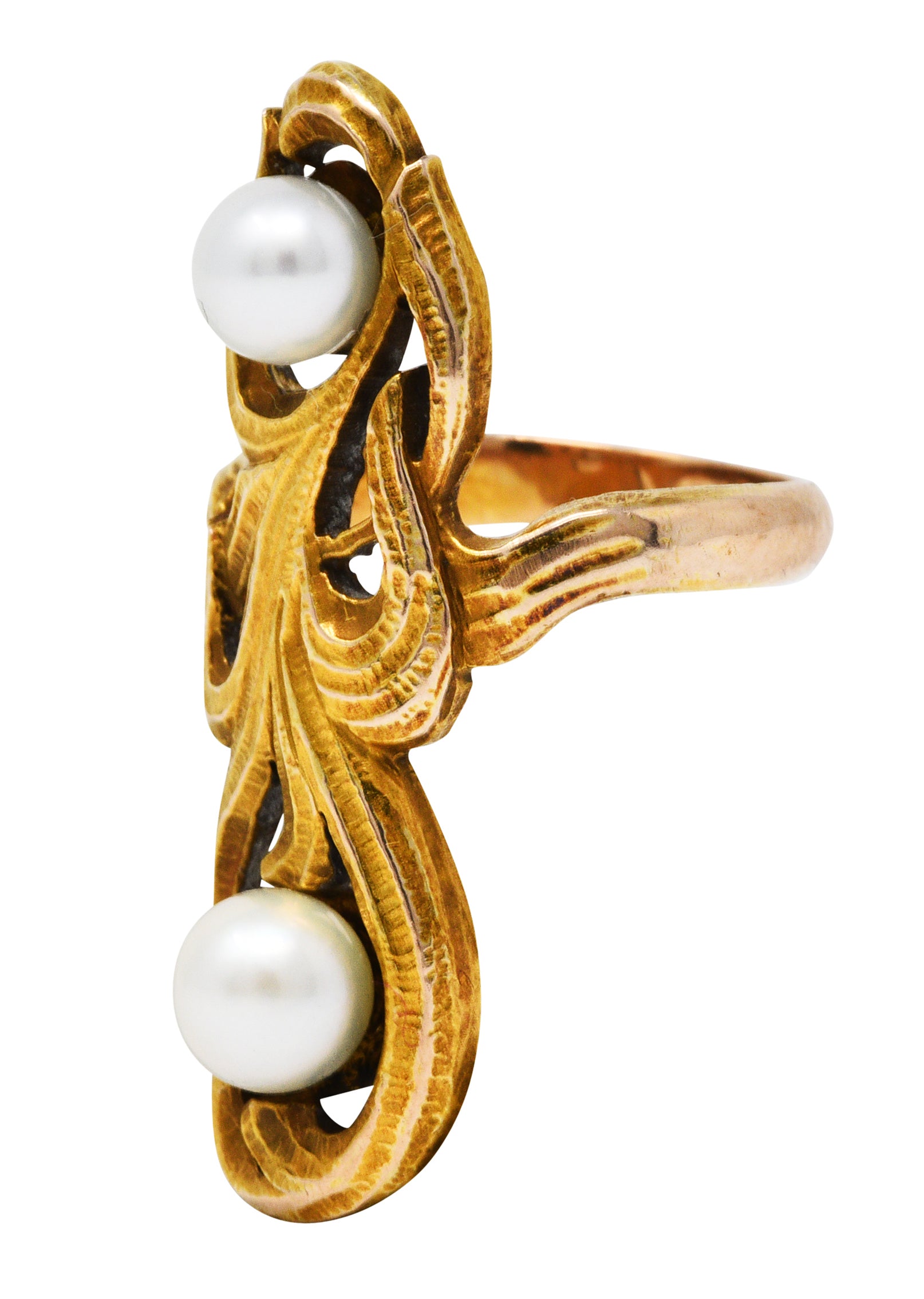 Arts & Crafts Pearl 14 Karat Gold Whiplash Foliate RingRing - Wilson's Estate Jewelry