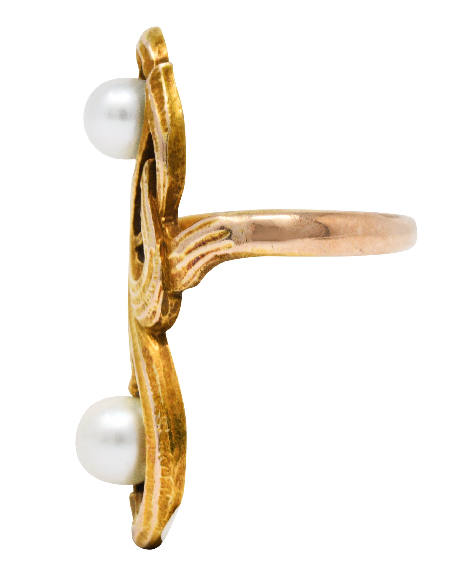 Arts & Crafts Pearl 14 Karat Gold Whiplash Foliate RingRing - Wilson's Estate Jewelry