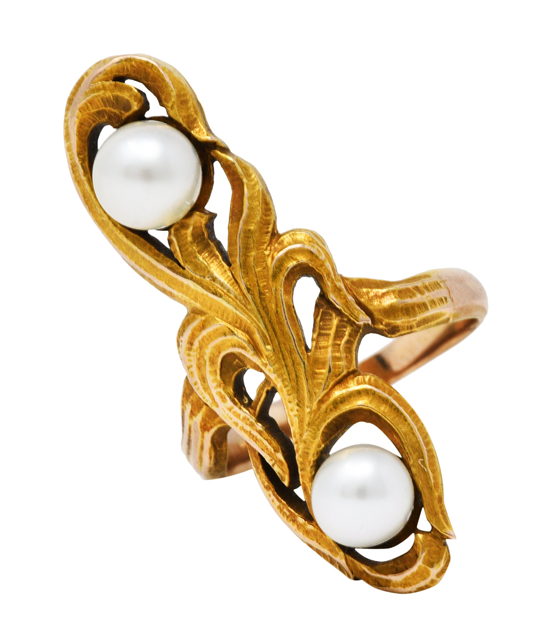 Arts & Crafts Pearl 14 Karat Gold Whiplash Foliate RingRing - Wilson's Estate Jewelry