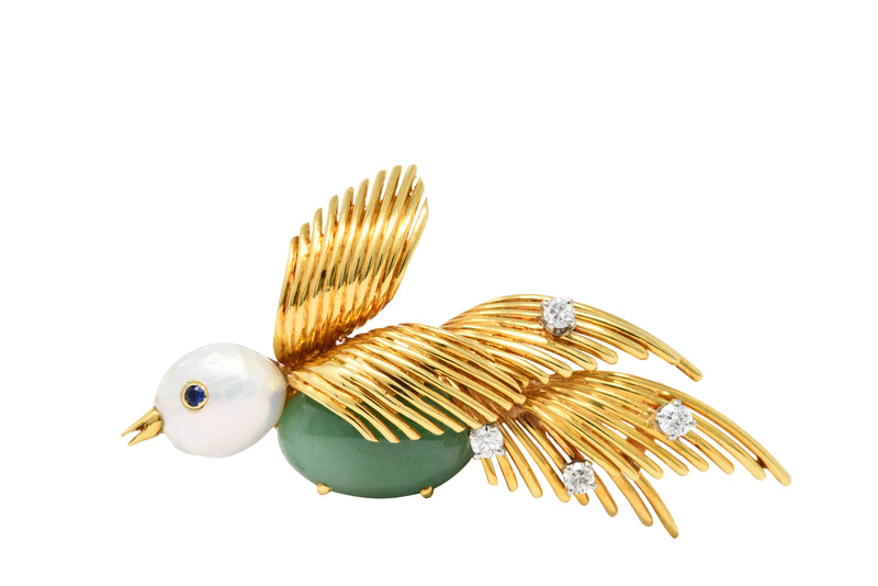 Ruser Jade Baroque Pearl Diamond Sapphire Platinum 18 Karat Gold Bird Brooch Circa 1960Brooch - Wilson's Estate Jewelry