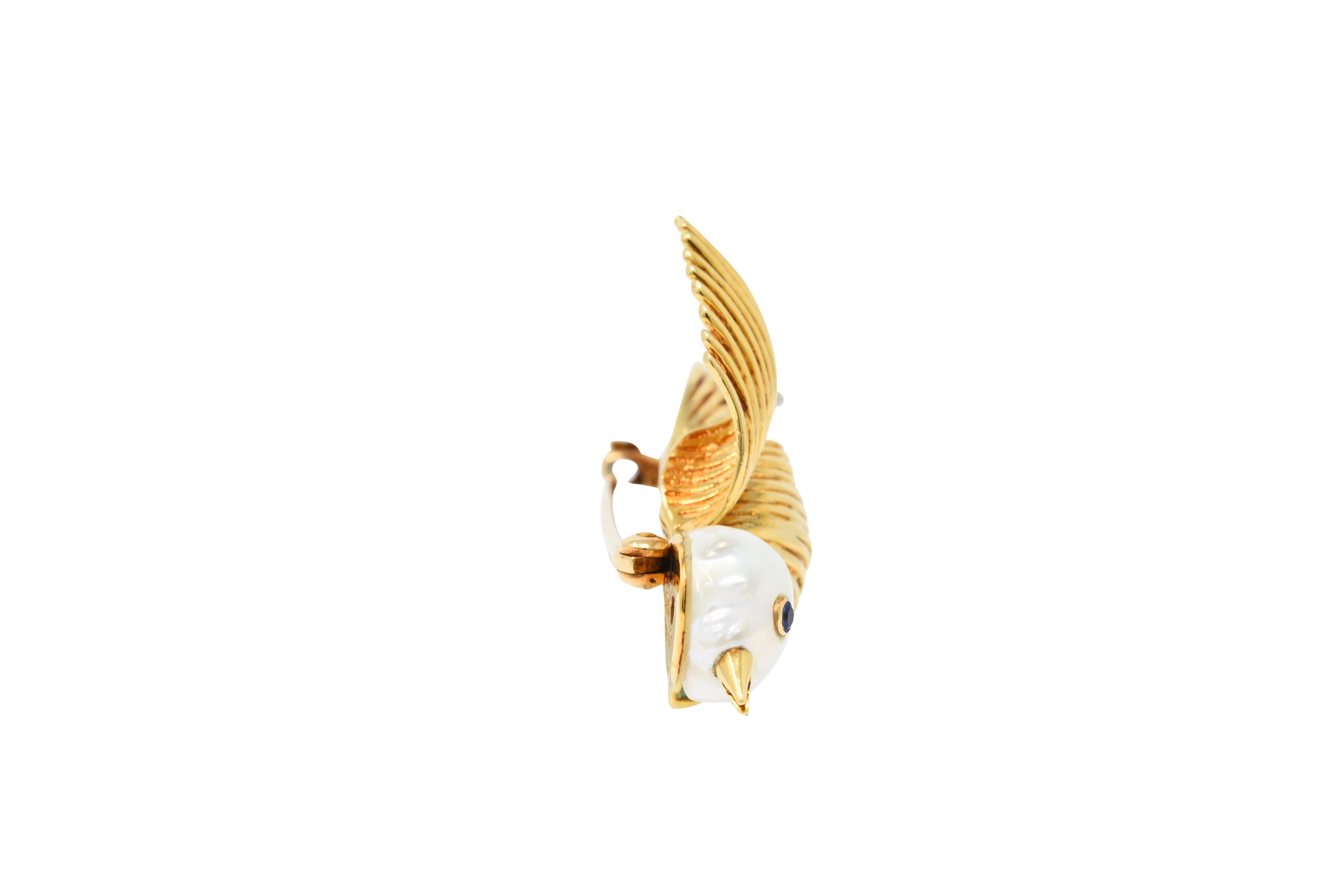 Ruser Jade Baroque Pearl Diamond Sapphire Platinum 18 Karat Gold Bird Brooch Circa 1960Brooch - Wilson's Estate Jewelry