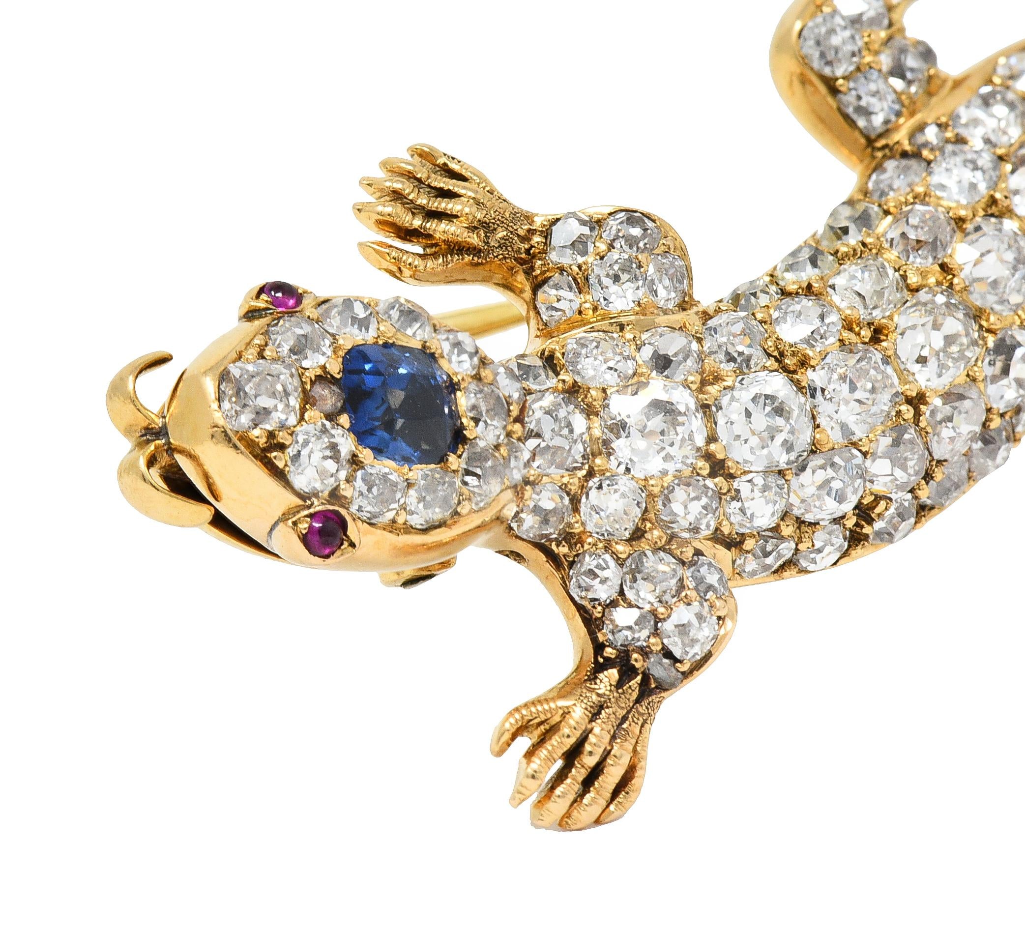 Victorian Sapphire Diamond Ruby 18 Karat Gold Antique Salamander Brooch